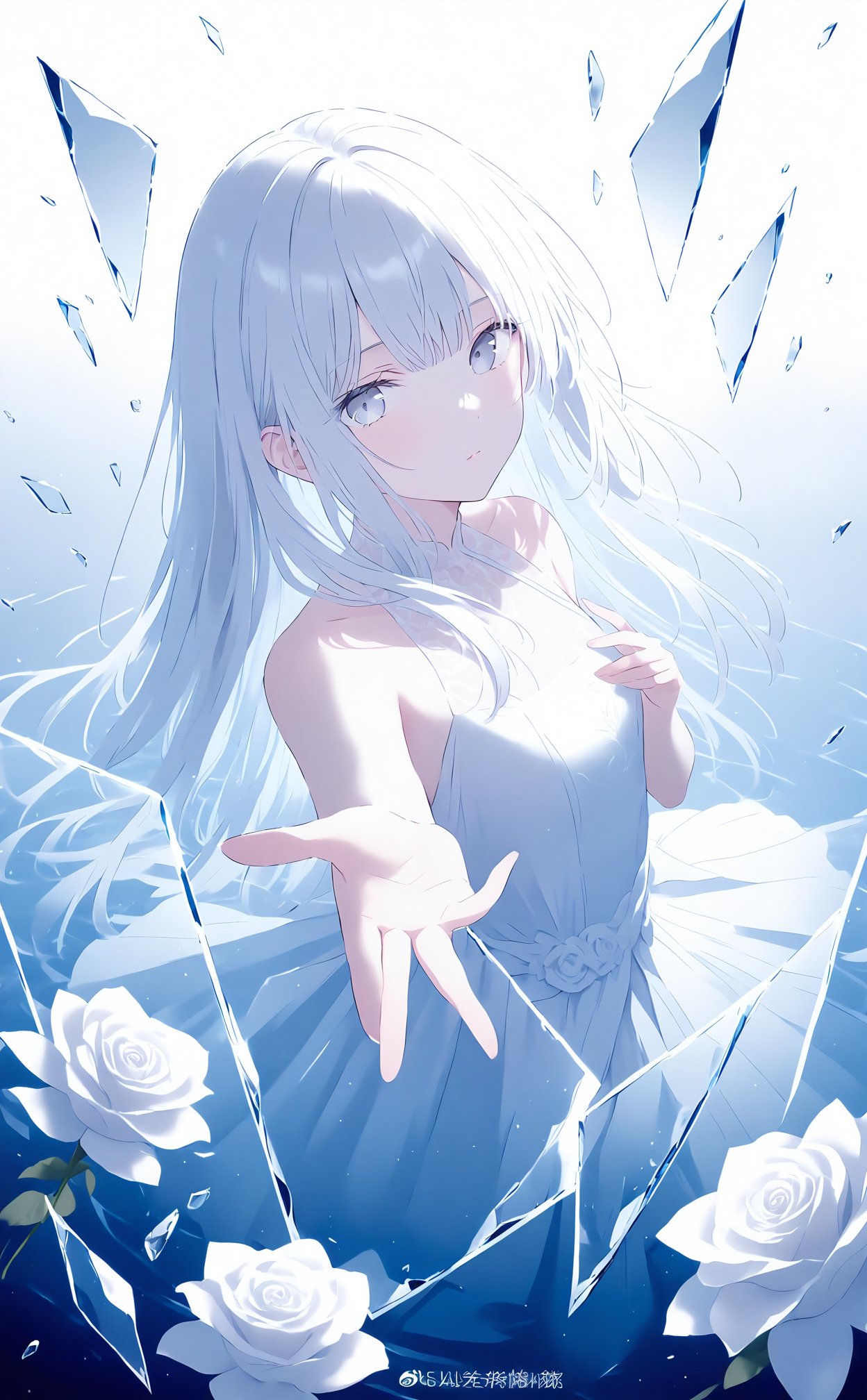 masterpiece,1girl,solo,long hair,dress,looking at viewer,white eyes,glass,grey eyes,white dress,white hair,broken glass,flower,white theme,bare shoulders,blue theme,dress flower,glass shards,white flower,reaching,reaching towards viewer,water,parted lips,closed mouth,sleeveless,reflection,sleeveless dress,white rose,watermark,expressionless,