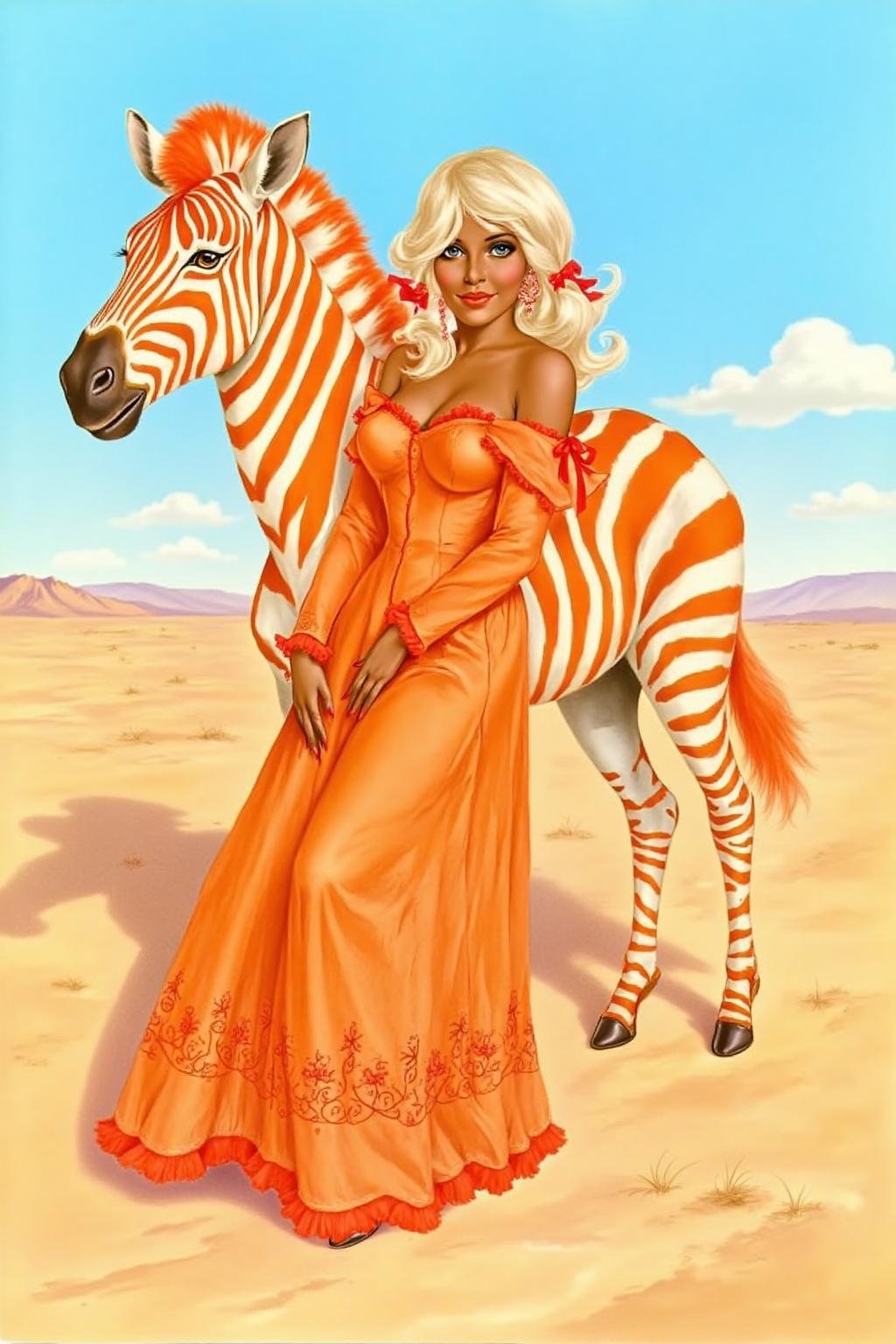 a1bertova illustration.a striking juxtaposition of a woman and a zebra against a vast,  arid landscape under a bright,  su...