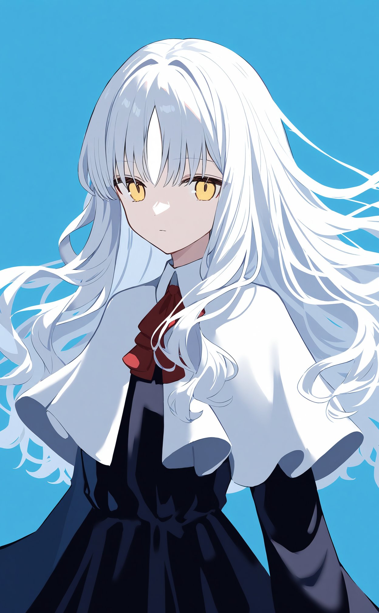 caren_hortensia,1girl,black dress,blue background,capelet,dress,expressionless,floating hair,long hair,looking at viewer,simple background,sleeves past fingers,sleeves past wrists,solo,upper body,white capelet,white hair,yellow eyes,