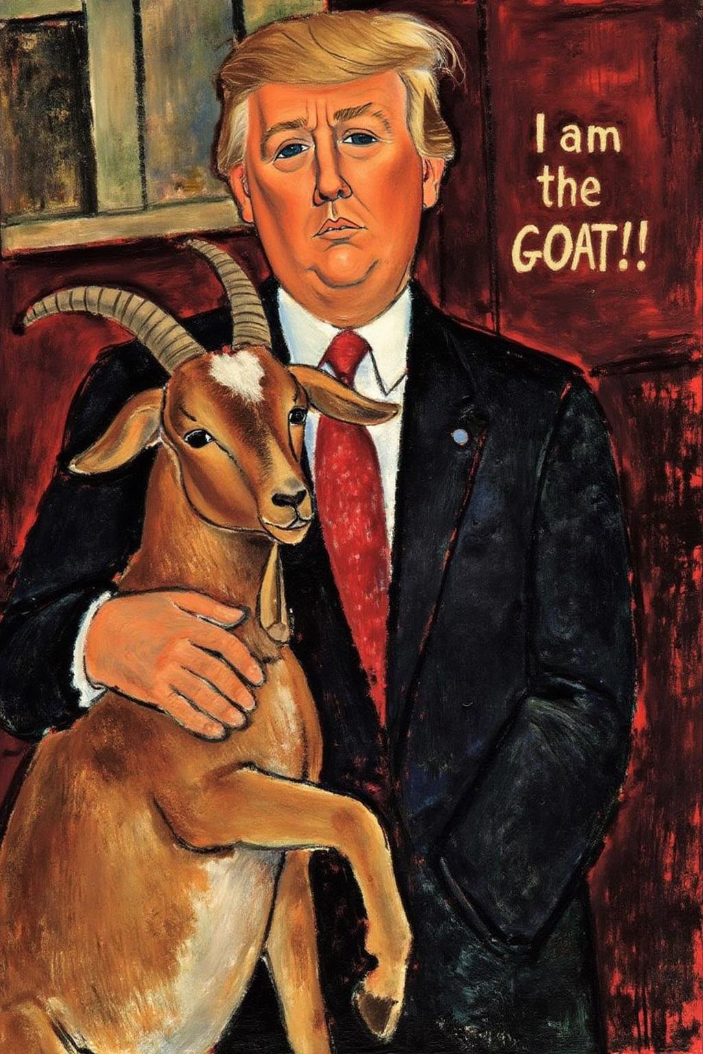 amedeomodigliani1 painting.Donald Trump hugging a goat. text says "I am the GOAT!". by NobodyButMeow on Tensor.Art