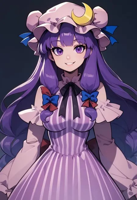 masterpiece, best quality, ultra-detailed, illustration,score_9, score_8_up, score_8, medium breasts, (curvy), cute, eyelashes, patchouli knowledge, 1girl, dress, (purple hair, purple eyes:1), long hair, mob cap, crescent hat ornament, ribbon, dress, vertical stripes, smile, 