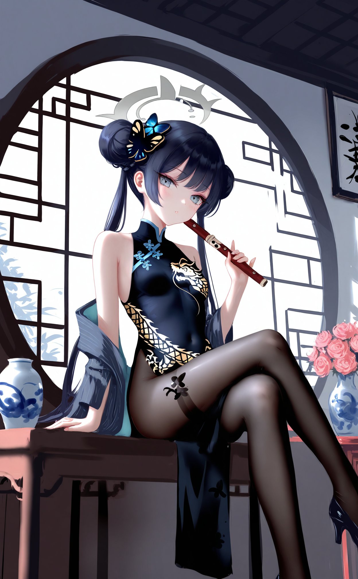 (masterpiece),(best quality),illustration,ultra detailed,hdr,Depth of field,(colorful),[wlop],[[sheya]],hiten_(hitenkei),1girl,kisaki (blue archive),solo,black hair,pantyhose,twintails,hair bun,hair ornament,long hair,double bun,halo,grey eyes,chinese clothes,dress,china dress,instrument,crossed legs,sitting,looking at viewer,butterfly hair ornament,sleeveless,black dress,small breasts,holding,sleeveless dress,breasts,vase,bare shoulders,detached sleeves,black pantyhose,flower,covered navel,window,dragon print,print dress,pelvic curtain,flute,round window,indoors,braided bun,lattice,