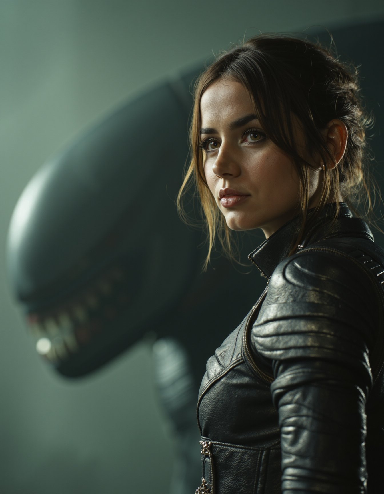 ana de armas  as a female sier fighting an xenomorph, in the movie Aliens (1986), fighting an alien, ruggedly handsome hero, depth of field, zeiss lens, detailed, symmetrical, centered, fashion photoshoot, breathtaking, 8 k resolution, extremely detailed, establishing shot, artistic, hyperrealistic, octane render  ,  <lora:ana_de_armas_flux_lora_v1_000002000:1>