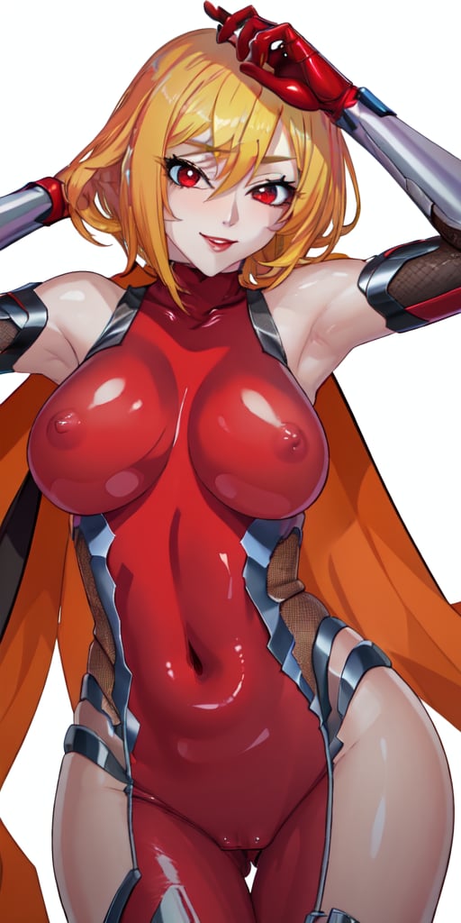 (absurdres:1.2), high res, (colorful:1.2), 1girl, bobcut, golden blonde hair, red eyes, slender hourglass body, pale skin, shiny skin, large breasts, red lipstick, mischievous smile, short scarf, taimanin bodysuit  <lora:Taimanin outfit V2:0.9> kagami hirotaka style <lora:StyleKagamiHirotaka2:1.2>