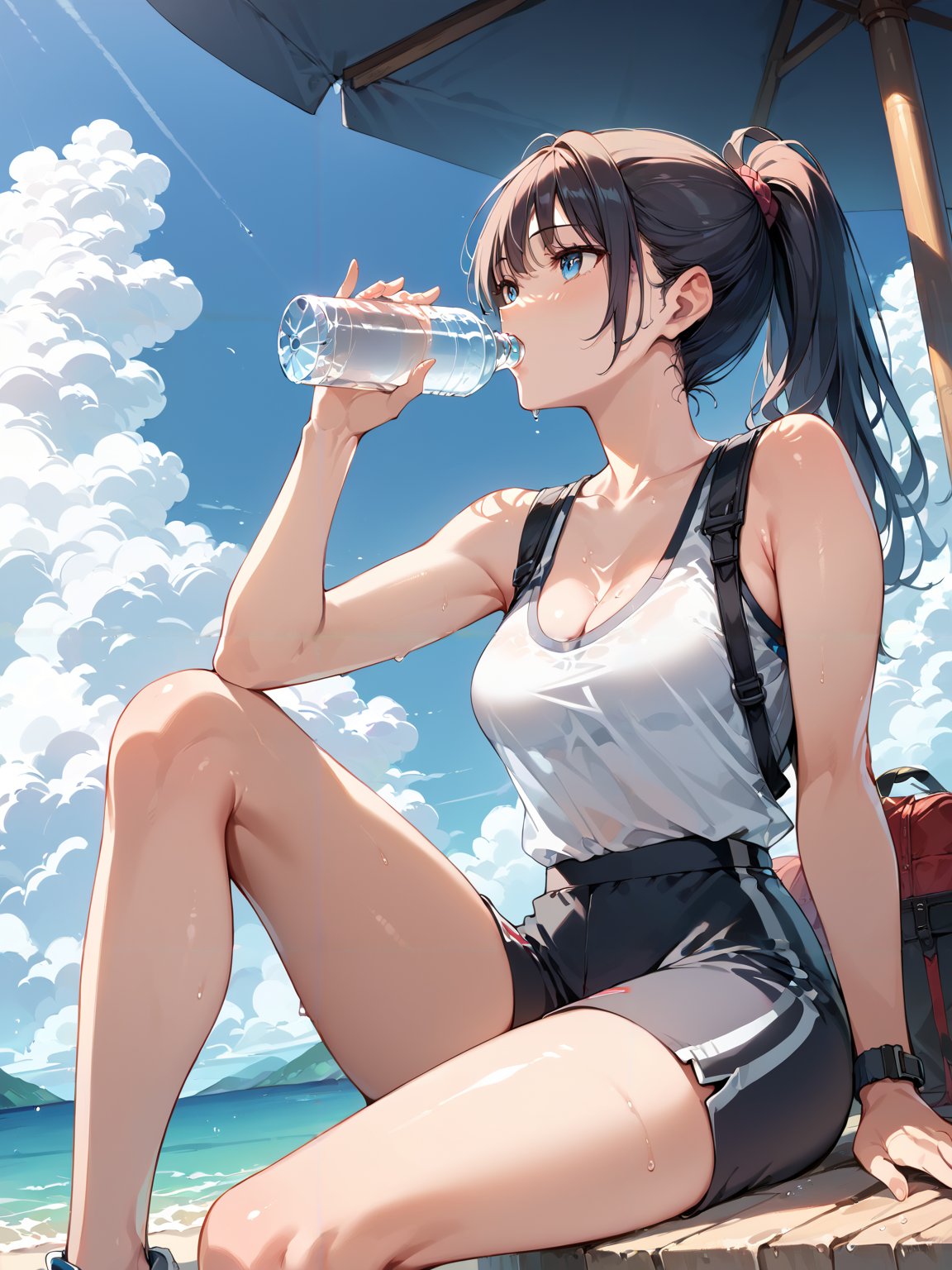 score_9, score_8_up, score_7_up,source_anime, high res image,masterpiece,best quality,woman,middle breasts,cute face,clear skin,shiny hair,ultra detailed eyes,summer,sky,cloud,  <lora:drinking_pony_V1.0:1> drinking,holding bottle,water bottle <lora:sweat_pony_V1.0:1> sweat,ponytail,looking at cup,sitting ,full body