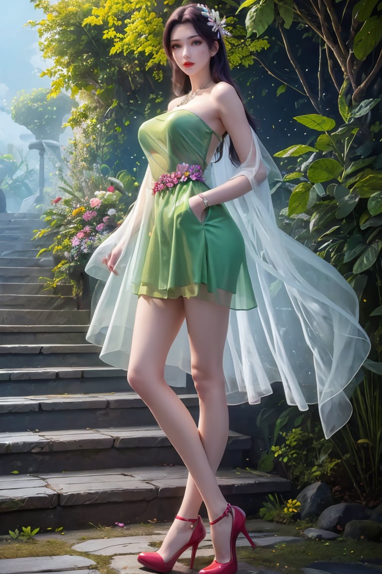 1girl,dress,high heels,long hair,solo,flower,looking at viewer,jewelry,hair ornament,necklace,red lips,purple footwear,pink flower,bare shoulders,full body,blue footwear,facial mark,knees together feet apart,butterfly hair ornament,short dress,petals,bare legs,makeup,curtains,halterneck,(stockings:1.2),Jay Nature,Trees,Forests,Animals,Flowers,Reality,Masterpiece,best quality,official art,extremely detailed CG Unity 8k wallpaper,<lora:20230926-1695663803691:0.3>,<lora:炫彩V1:0.3>,hiqcgbod,outdoors,(see-through:1.3),(bandeau:1.2),(big breasts:1.2),(yellow, green dress),between_legs,(hands in pockets:1.4),<lora:云芝 (4):0.65>,black hair,