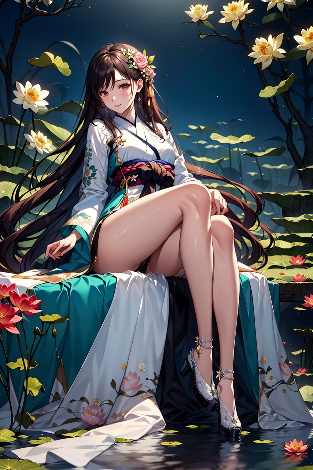 (extremely detailed CG unity 8k wallpaper),(((masterpiece))),(((best quality))),((ultra-detailed)),(best illustration),(best shadow),hanfu,1girl,flower,long hair,hair ornament,dress,solo,bare legs,jewelry,brown hair,lotus,hair flower,