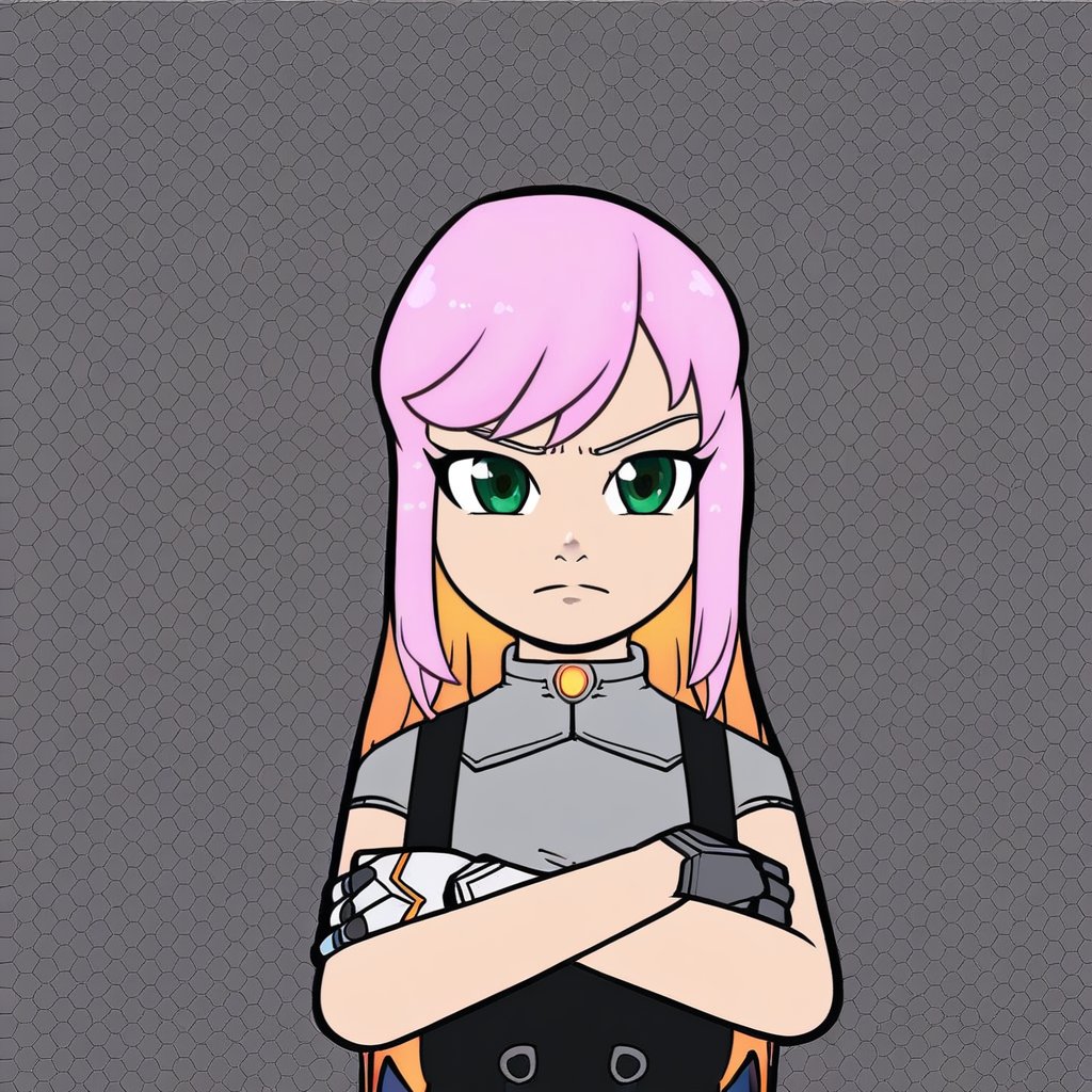 1girl, solo, EvelynClaythorne, Pink Hair, Green Eyes, mechanical arm,grey shirt, black overalls, suspenders, skirt, upper body, arms crossed, orange lights,