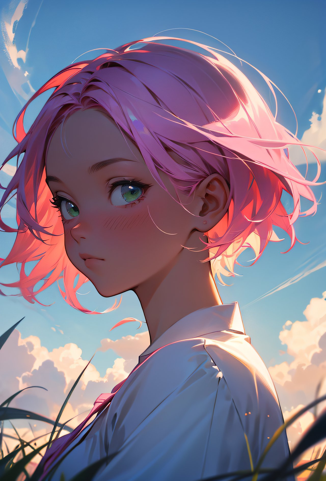 upperbody portrait, female focus, BREAK, 1girl, short hair, pink hair, blushing, BREAK, calm, peaceful, BREAK, green field, cloudy sky, (masterpiece, best quality, hires, high quality, by professional artist, ultra detailed, extremely detailed, absurdres, incredibly resolution:1.2), good hands, perfect hands, <lora:GoodHands-beta2:1>