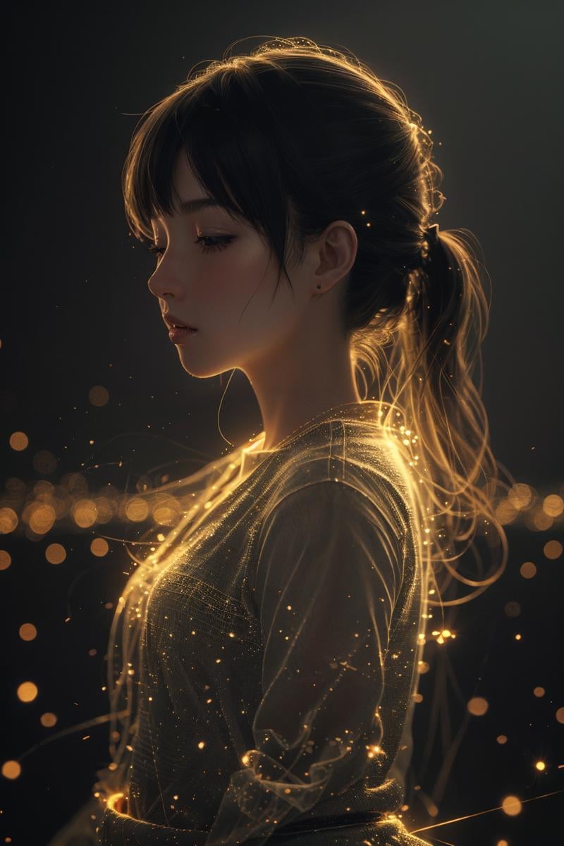 glow particle,1girl,solo,closed mouth,upper body,translucent fluorescent,optical flares,city background,(best quality),((masterpiece)),(highres),original,extremely detailed 8K wallpaper,(an extremely delicate and beautiful),