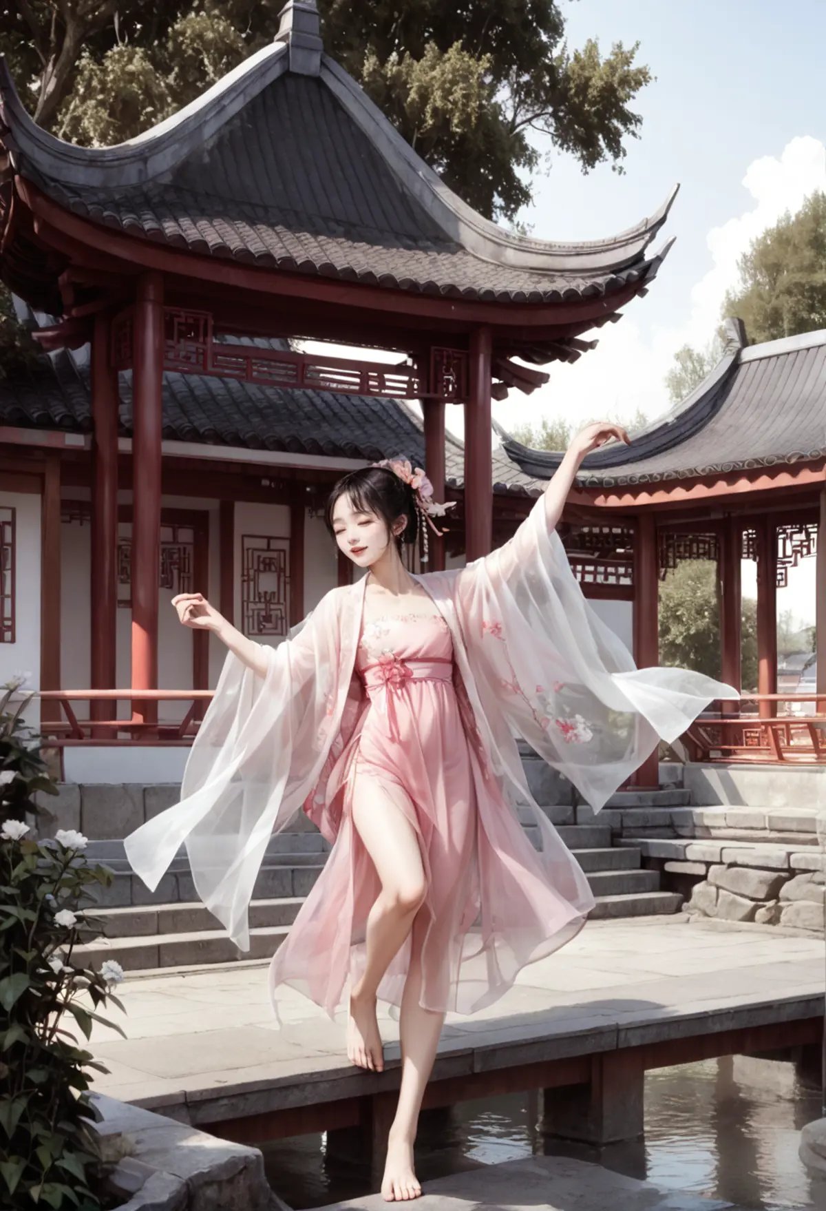 ,ruanyi0800,scenery,outdoors,east asian architecture,barefoot,dancing,flower,tree,water,,ruanyi0758,hanfu,pink dress,see-through,shawl,wide sleeves,jewelry,<lora:0800 Chinese courtyard_v1_pony:1>,<lora:0758 Peach Blossom Hanfu_v1_pony:0.8>, score_9,score_8_up,score_7_up,,8k,1girl,solo,,