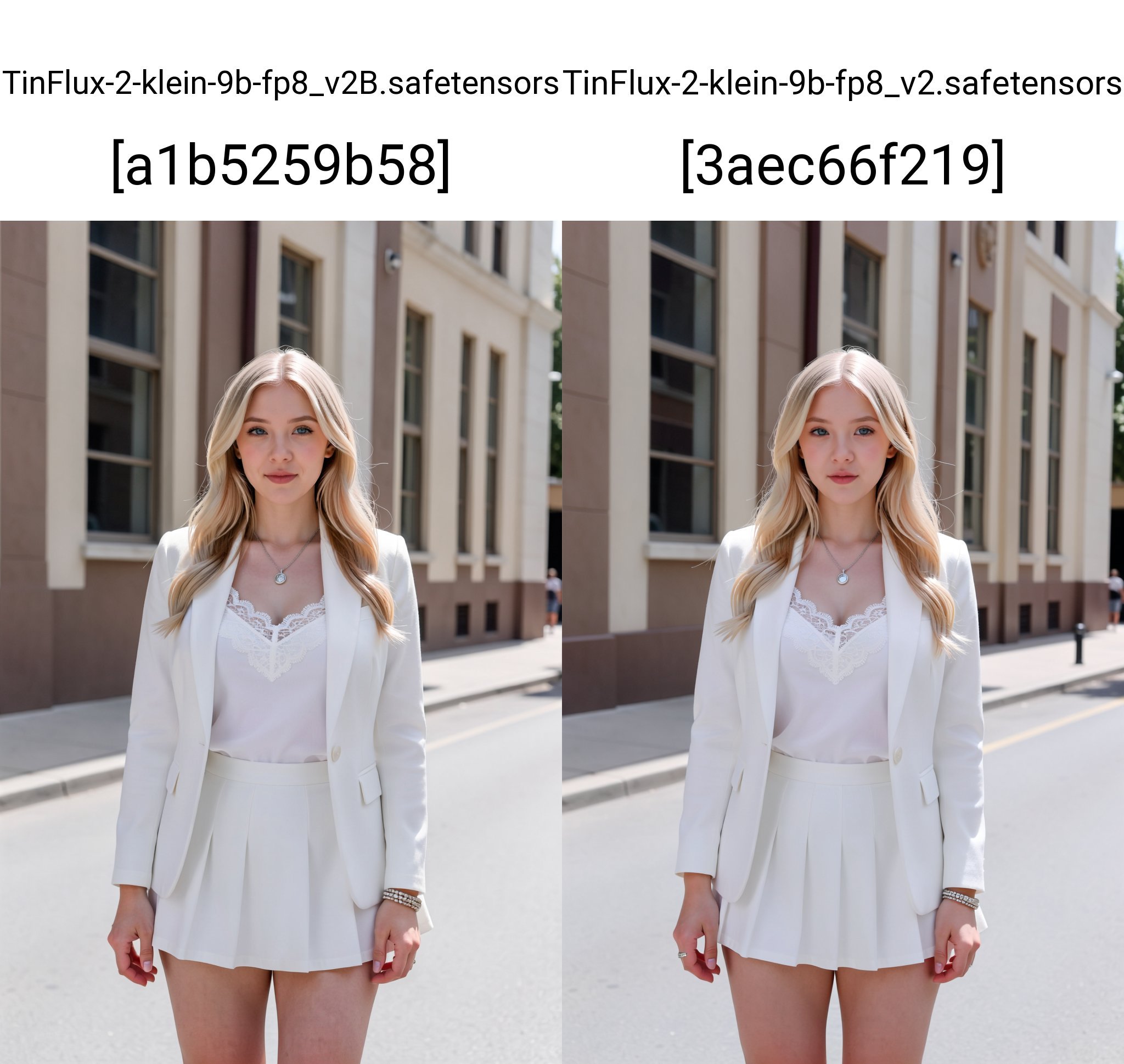 Photograph of a blonde woman standing outdoors on a city street. She has fair skin,  blue eyes,  and is wearing a white bl...