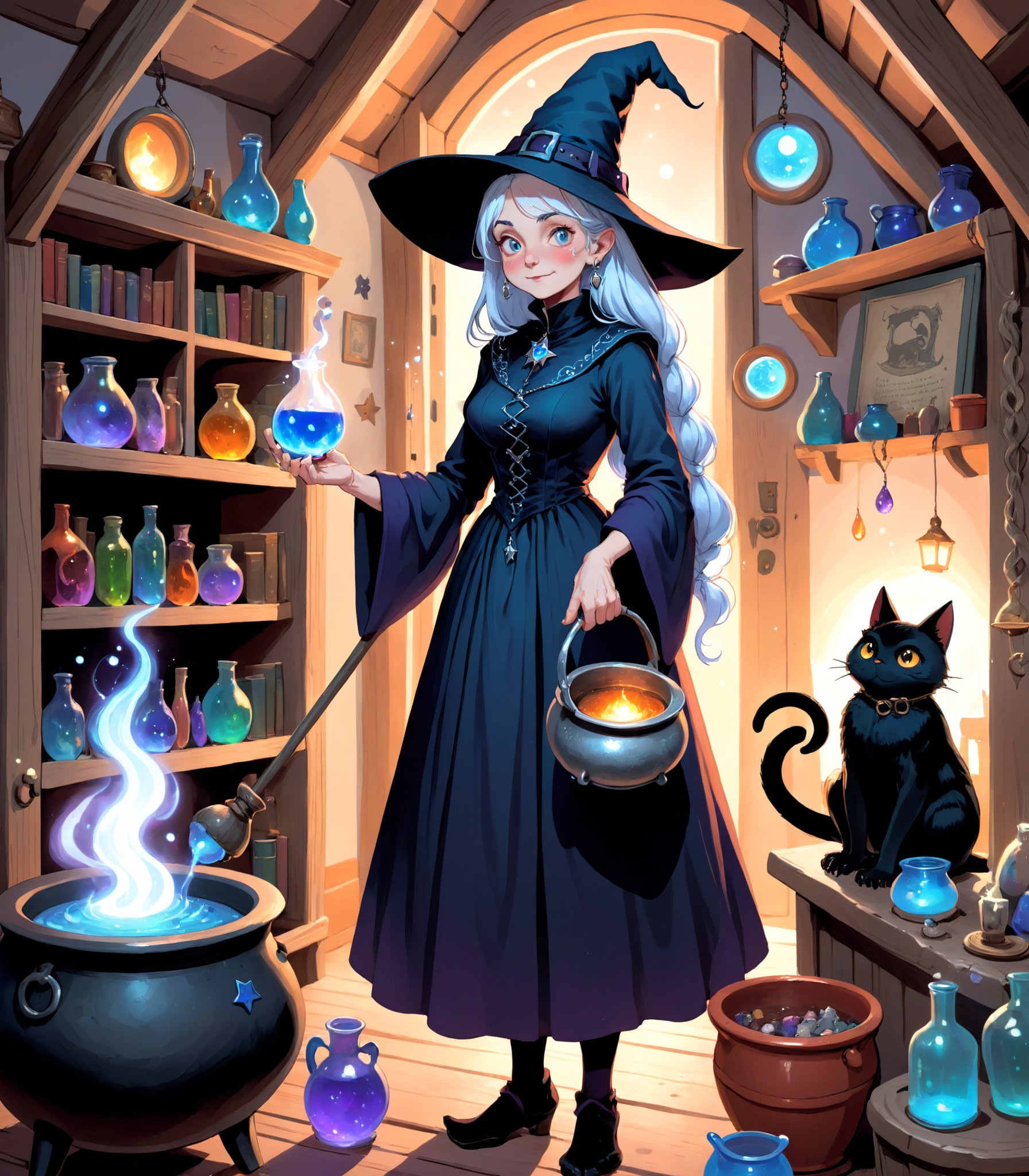 Illustration of a kindly, elderly witch with a long, silver braid, wearing a pointed hat adorned with stars and moons, standing in front of a bubbling cauldron in a cozy, cluttered cottage filled with spell books, potion bottles, and magical ingredients, surrounded by curious, glowing familiars such as cats, owls, and toads.