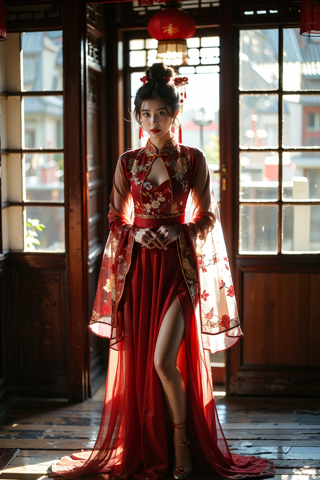 masterpiece, best quality, realistic, 1girl, gufeng style, solo, looking at viewer, black hair, hair ornament, jewelry, standing, full body, indoors, hair bun, blurry, window, chinese clothes, sunlight, lantern, realistic, red lips, architecture, east asian architecture, lattice <lora:GufengBD-000016:0.7>