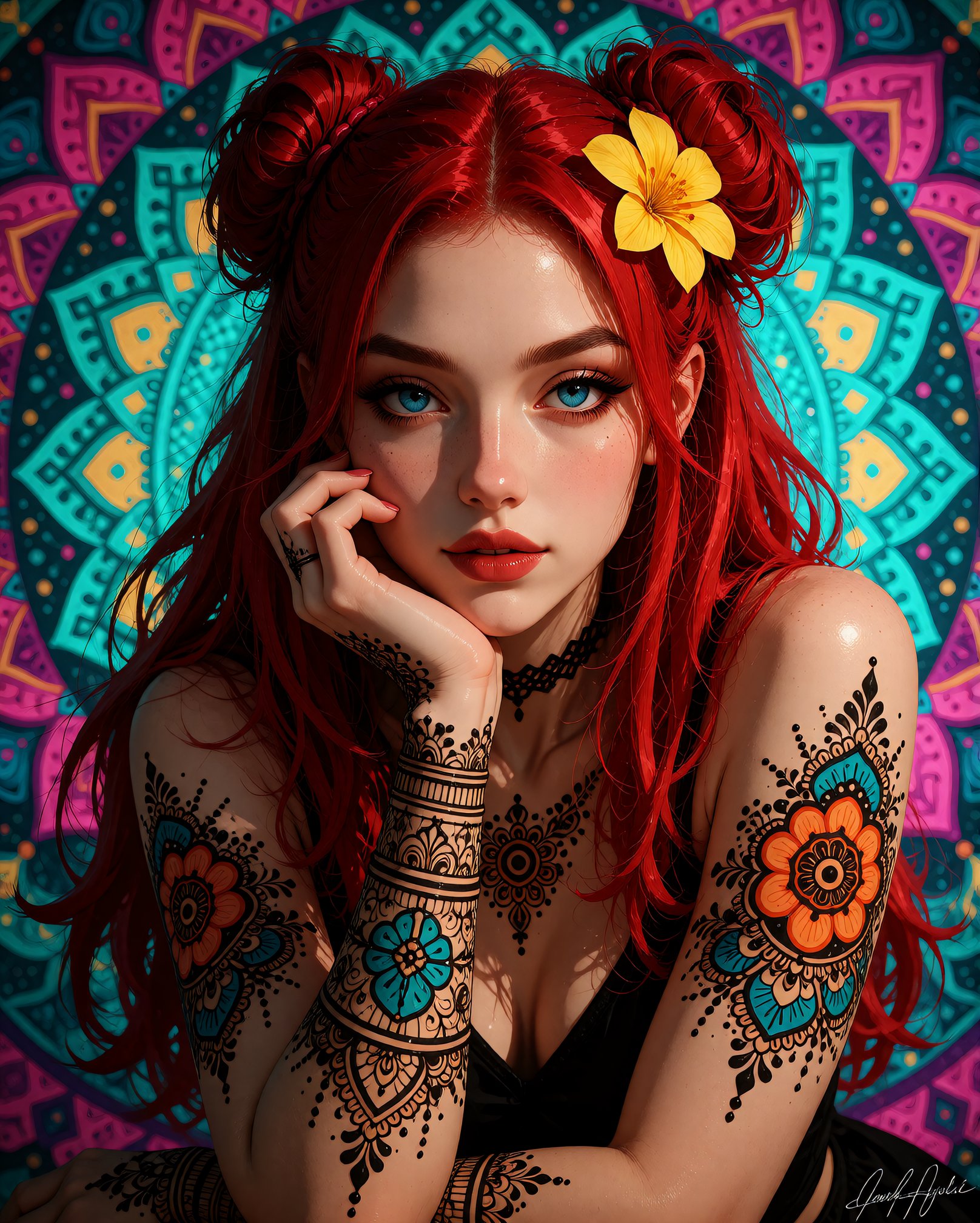 A beautiful adult woman with long,  vibrant red hair styled in two buns,  adorned with a yellow flower in her hair. she ha...