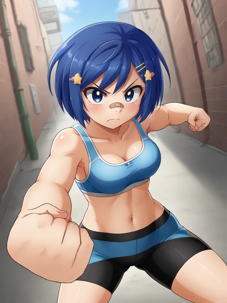 <lora:ohosinagisapony:0.8>1girl, solo, ohosinagisa, blue hair, short hair, hairclip, blue eyes, bandaid on nose, blue sports bra, black bike shorts, outdoors, alley, fight stance, serious, cowboy shot