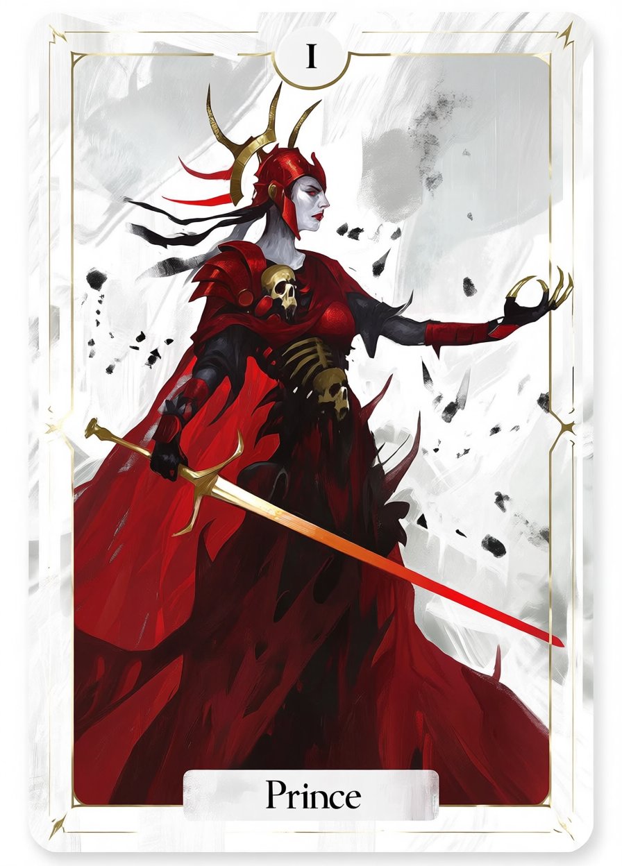 detailed image of tarot card elegant borders artwork,  with text "Prince" at the bottom. realistic,  dark moody fierce by...