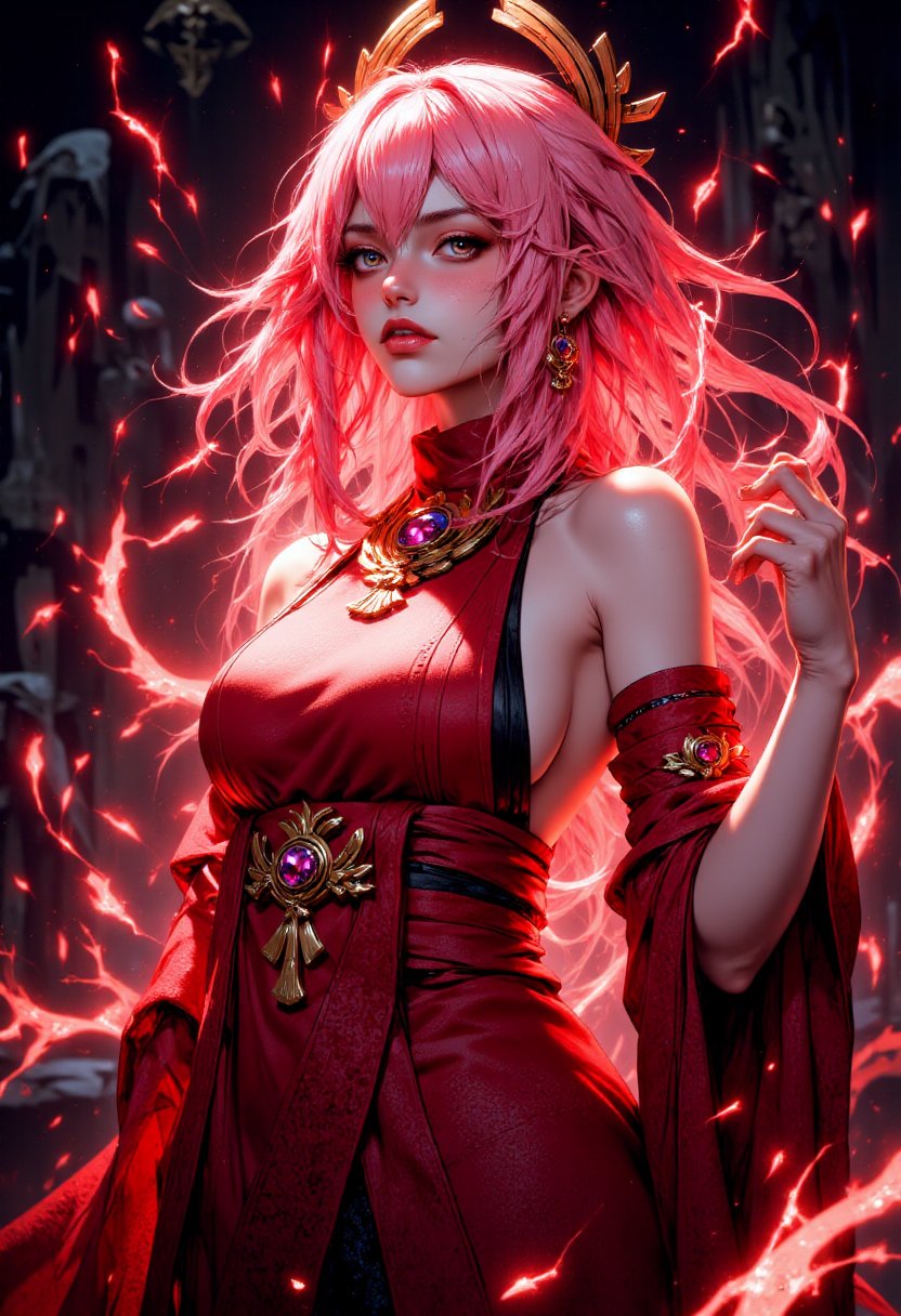 FluxYaeMiko, The close-up image now brims with intense, ethereal magic. The girl’s eyes, a fiery red, not only glow but radiate beams of light that pierce through the darkness around her, casting vibrant crimson shadows that flicker and dance with life. Her pink hair, vivid and dynamic, moves as if alive, intertwining with streams of red, sparkling energy that crackle and twist around her, forming intricate patterns of ancient symbols in the air.Her skin glows faintly with a supernatural sheen, and tiny, luminescent particles of magic float around her like embers, creating a shimmering, fiery halo. Her hands, raised slightly as if commanding unseen forces, are surrounded by swirling vortexes of arcane power, crackling with flashes of scarlet and crimson lightning. The gown she wears now pulses with magical energy, its deep red fabric adorned with constellations that shift and align to create mystical sigils glowing with an intense, otherworldly light.The air around her vibrates with a low, resonant hum, as if the very fabric of reality responds to her presence. In the background, ghostly figures and phantasmal creatures made of pure energy seem to emerge from the shadows, bowing in reverence to this powerful, enigmatic figure, enhancing the atmosphere of her overwhelming, mystical power.(maximum ultra high definition image quality and rendering:3), maximum image detail, maximum realistic render, (((ultra realist style))), realist side lighting, , 8K high definition, realist soft lighting, (amazing special effect:3.5) <lora:FluxYaeMiko:1> <lora:FluxMythP0rtr4itStyle:1>