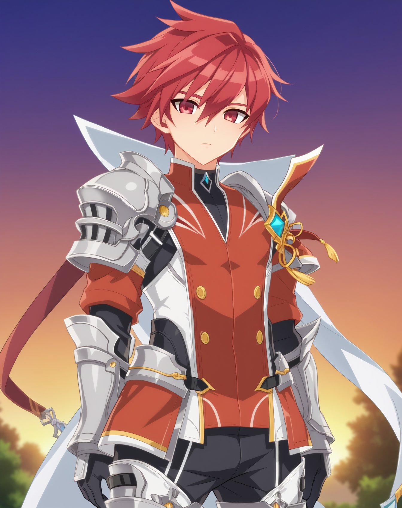 score_9, score_8_up, score_7_up, source_anime, anime screencap, depth of field, rating_safe, BREAK,1boy, solo, yaoi, male focus,looking at viewer, cowboy shot, facing viewer, standing, straight-on, arms at sides,<lora:elsword_knight_emperor:1> elswordknightemperor, red hair, red eyes, short hair, hair between eyes, spiked hair, 