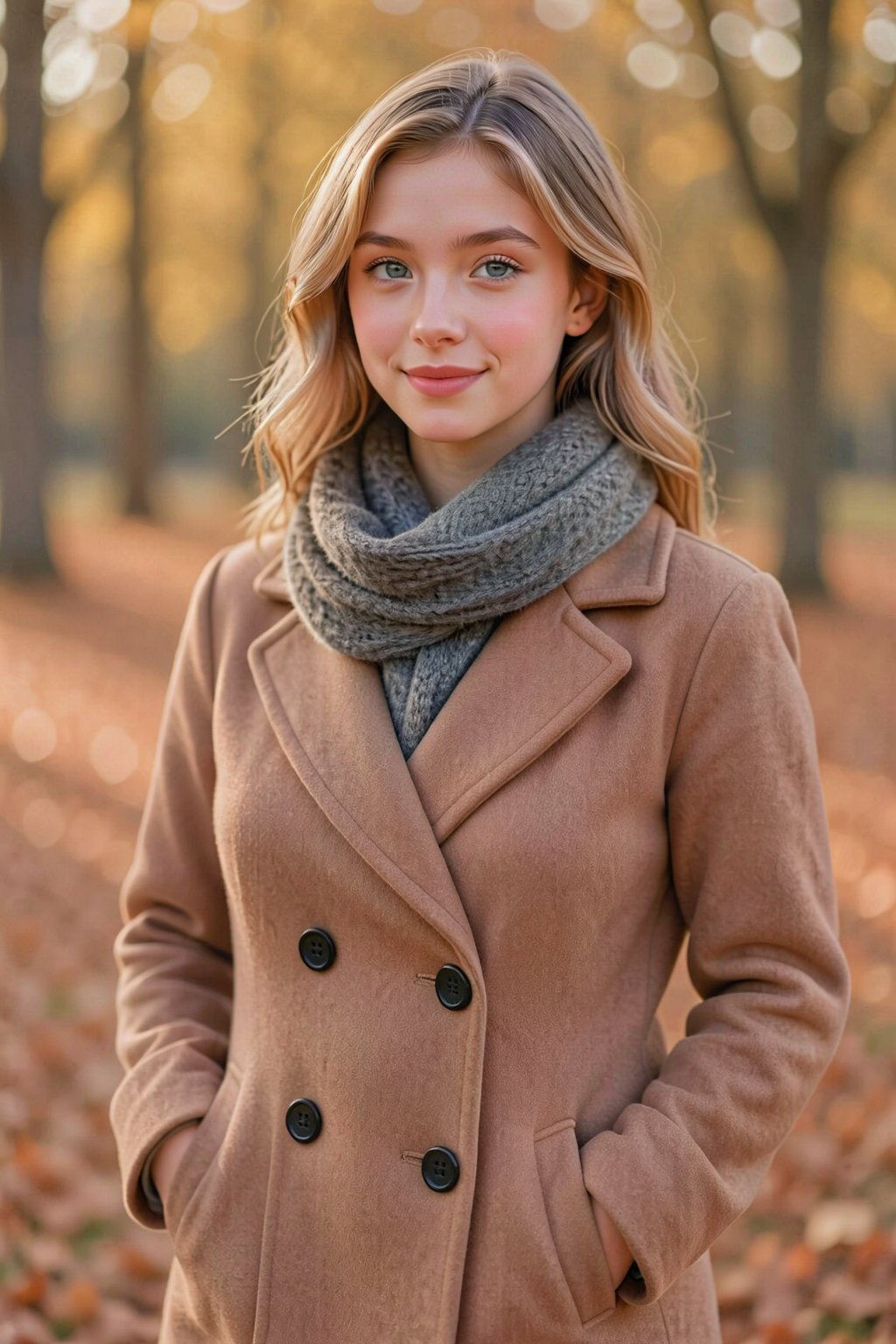 Photograph of a young Caucasian woman with wavy,  shoulder-length blonde hair and fair skin,  standing in an autumnal park...