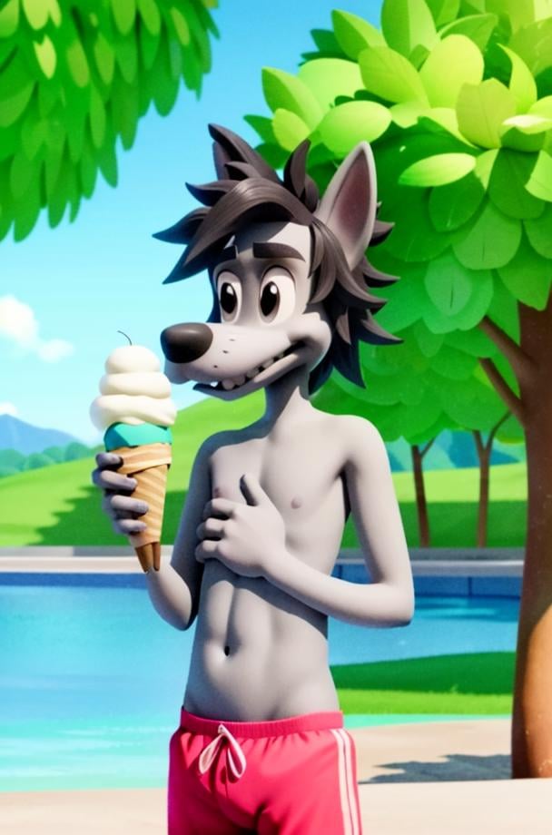 NuPogodiNewWolf, (shirtless,bare chest, chest tuft, swimming trunks, tail, teeth), (outdoor, beach, eating ice cream cone, holding ice cream), (masterpiece:1.2),3D, Unreal Engine Render,  hires, ultra-high resolution, 8K, high quality, (sharp focus:1.2), clean, crisp, cinematic, <lora:Vlk-v1:0.7>