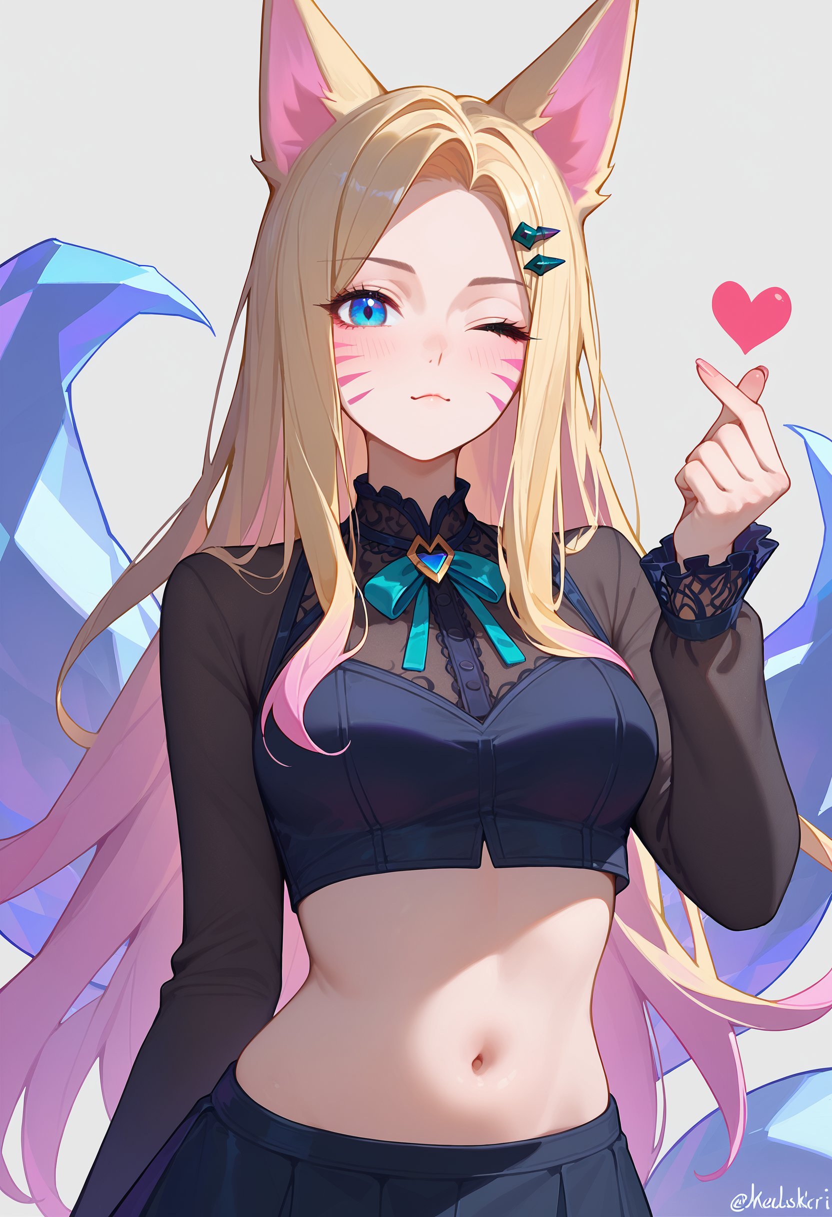 score_9, score_8_up, score_7_up, finger heart, 1girl, animal ears, ahri \(league of legends\), parted bangs, long hair, solo, k/da \(league of legends\), skirt, one eye closed, hair ornament, fox ears, blonde hair, heart, breasts, long sleeves, blush, black skirt, navel, whisker markings, facial mark, hairclip, blue eyes, midriff, cowboy shot, crop top, shirt, tail, bangs, looking at viewer, fox tail, artist name, hand up, miniskirt, neck ribbon, medium breasts, black shirt, ribbon, grey background, white background, closed mouth, fox girl, large breasts<lora:finger_heart_korean_retry_1:1>