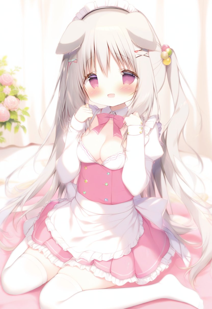 loli, 1girl, (shiratama (shiratamaco)),1girl, solo, shirt, breasts, long hair, thighhighs, frills, skirt, white shirt, animal ears, white thighhighs, dog ears, smile, pink skirt, apron, long sleeves, maid headdress, puffy sleeves, frilled skirt, blush, bangs, cleavage, hair between eyes, juliet sleeves, dog girl, :d, very long hair, medium breasts, frilled apron, wariza, looking at viewer, collared shirt, pink bow, no shoes, dress shirt, waist apron, bow, pleated skirt, open mouth, maid, flower <lora:baiyu-000016:1>, masterpiece, best quality