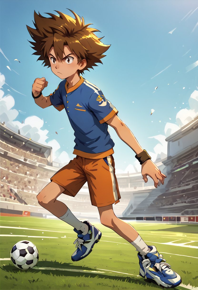 score_9,score_8_up,  <lora:YagamiTaichi:1>,yagami taichi, 1boy,solo, <lora:OtherStyle_01:0.6>,brown hair, brown eyes,from side,soccer, outdoors, dynamic pose,full body, 