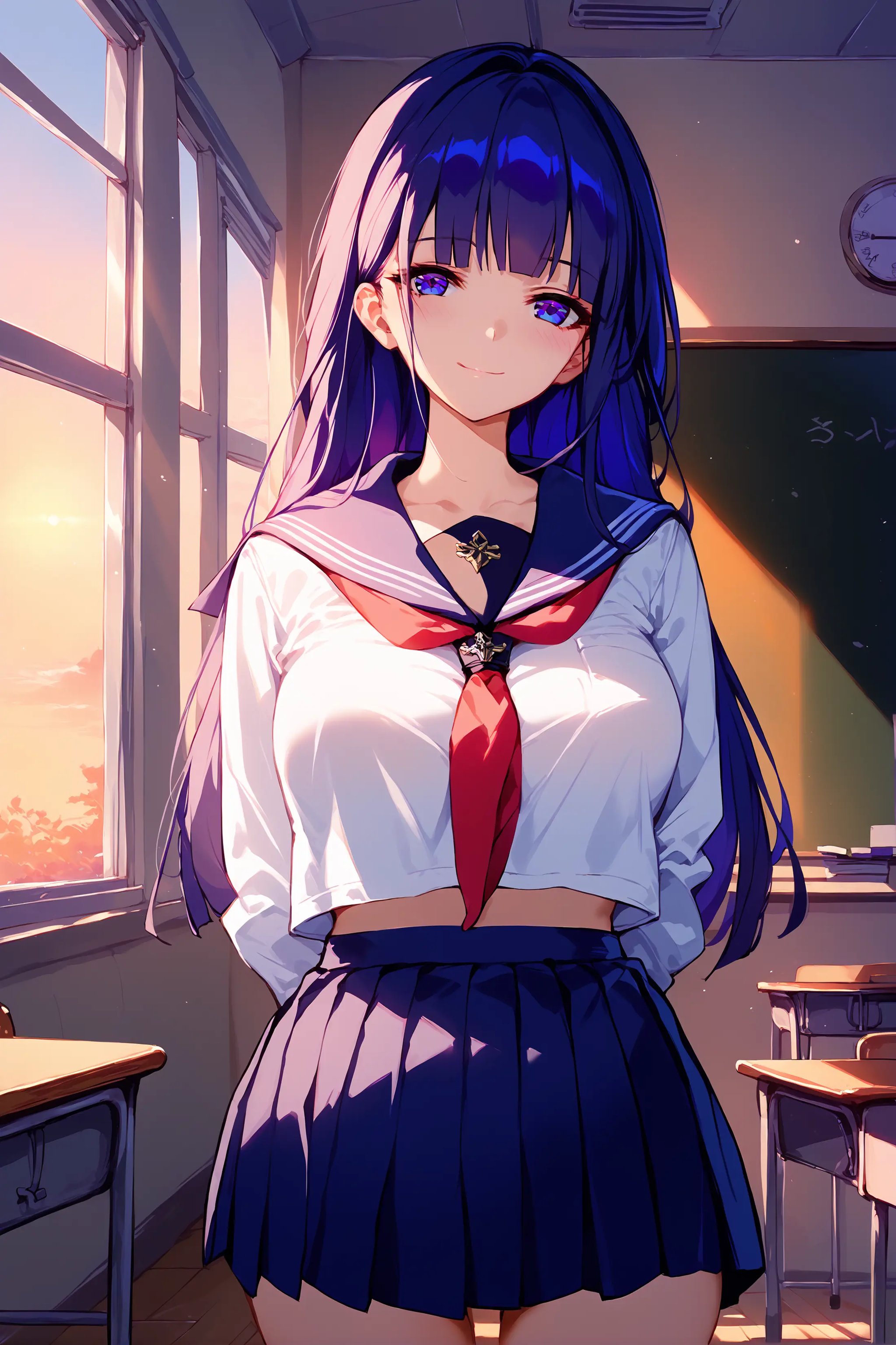 score_9, score_8_up, score_7_up, 1girl, raiden mei, school uniform, serafuku, cowboy shot, backlighting, sunbeam, sunset, classroom, indoors, window, light smile, blush, looking at viewer, facing viewer  <lora:Char-Honkai-RaidenMei-V1-Pony:1>