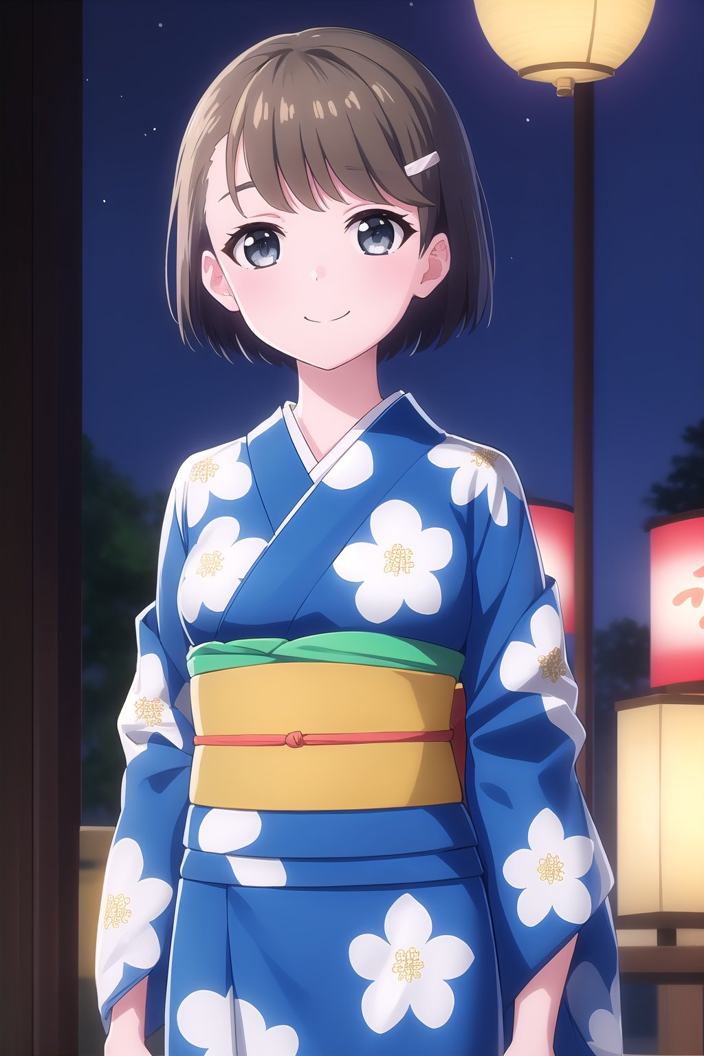 (masterpiece, best quality), highly detailed background, perfect lightingbest quality, onomami, solo, outdoors, night, summer festival, brown hair, swept bangs, hairclip, short hair, grey eyes, medium breasts, yukata, blue kimono, floral print, sash, obi, wide sleeves, japanese clothes, smile, closed mouth, :), <lora:Ono-Mami:0.7>