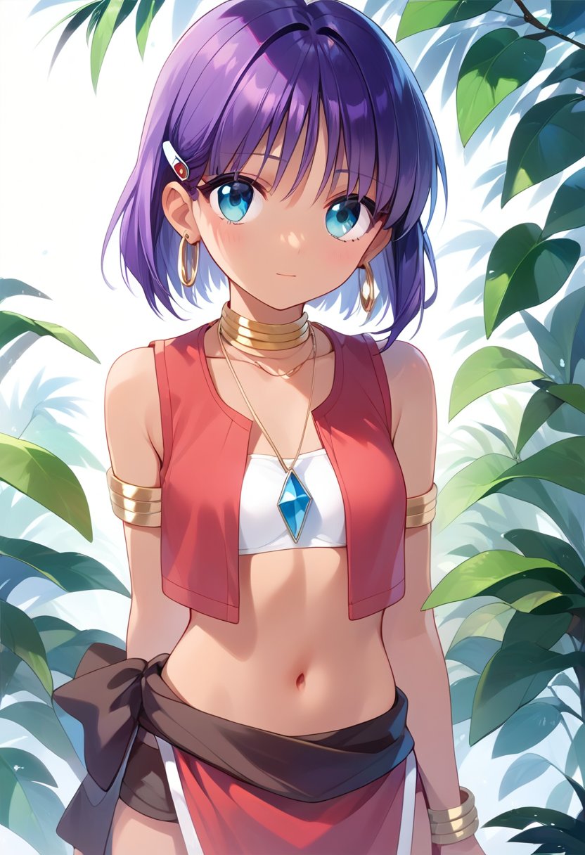 1girl, nadia la arwall,purple hair,  dark-skinned female,red  loincloth,jewelry,bandeau,purple hair,hairclip,red  vest,necklace,standing  <lora:nadiaLoCon-step00000500:0.9>, source_anime, score_9, score_8_up, score_7_up, highly detailed, clear line