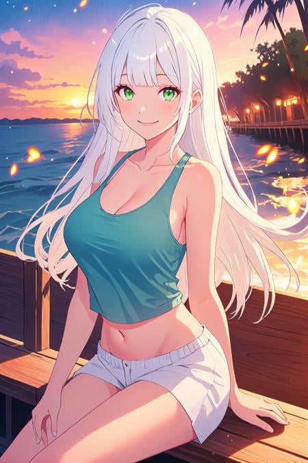 long hair, white hair, green eyes, sitting on boardwalk, sunset, light particles, fireflies, volumetric lighting, tank top, large breasts, smile, sparkling eyes, blunt bangs