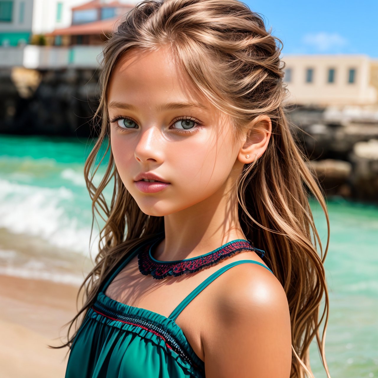 SFW, wallpaper, distant short of charming (AIDA_LoRA_apv2020:1.02) <lora:AIDA_LoRA_apv2020:0.83> in a jade bathsuit on the seashore, sunlight, outdoors, little girl, pretty face, naughty, dramatic, hyper realistic, studio photo, studio photo, kkw-ph1, hdr, f1.7, (colorful:1.1)