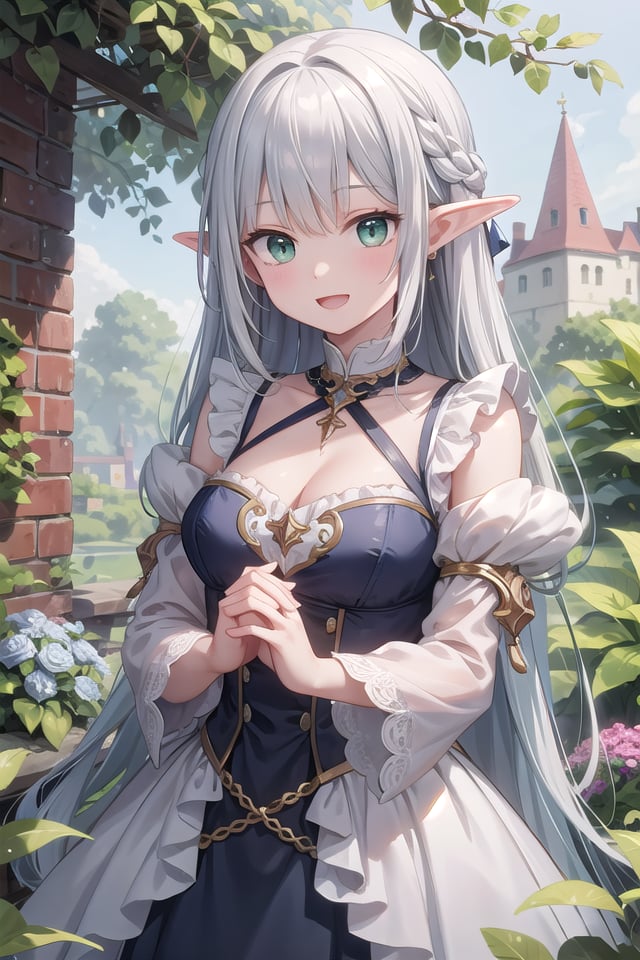 insanely detailed, absurdres, ultra-highres, ultra-detailed, best quality,1girl, solo, nice hands, perfect handsBREAKelf girl, (wearing dress with many frills:1.2), (nsfw:-1.5), (navel:-1)BREAKhappy smile, laugh, open mouthBREAKstanding, cowboy shot, looking at viewerBREAKslender, kawaii, perfect symmetrical face, ultra cute girl, ultra cute face, ultra detailed eyes, ultra detailed hair, ultra cute, ultra beautifulBREAKfantasy world, garden of castle, depth of field, ultra detailed backgroundBREAKlarge breasts, cleavage,BREAKsilver hair, long hair, elf ear, green eyes