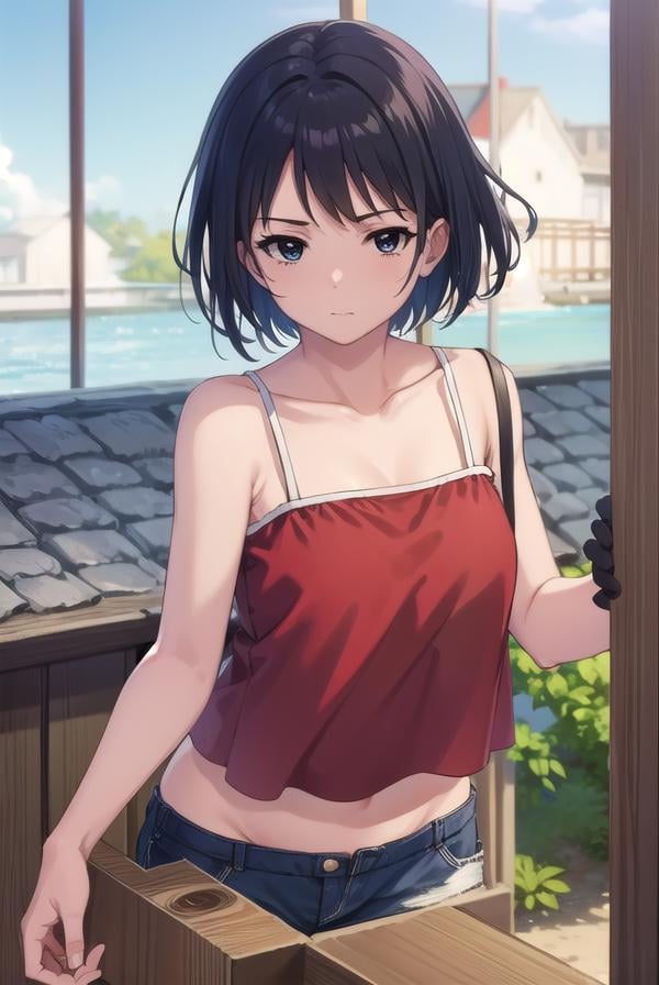 keikosanjou, <lora:keiko sanjou s1-lora-nochekaiser:1>,keiko sanjou, short hair, black hair, (black eyes:1.5),BREAK shorts, black shorts, camisole, bare shoulders, collarbone, (red camisole:1.5),BREAK outdoors, shrine,BREAK looking at viewer, (cowboy shot:1.5),BREAK <lyco:GoodHands-beta2:1>, (masterpiece:1.2), best quality, high resolution, unity 8k wallpaper, (illustration:0.8), (beautiful detailed eyes:1.6), extremely detailed face, perfect lighting, extremely detailed CG, (perfect hands, perfect anatomy),