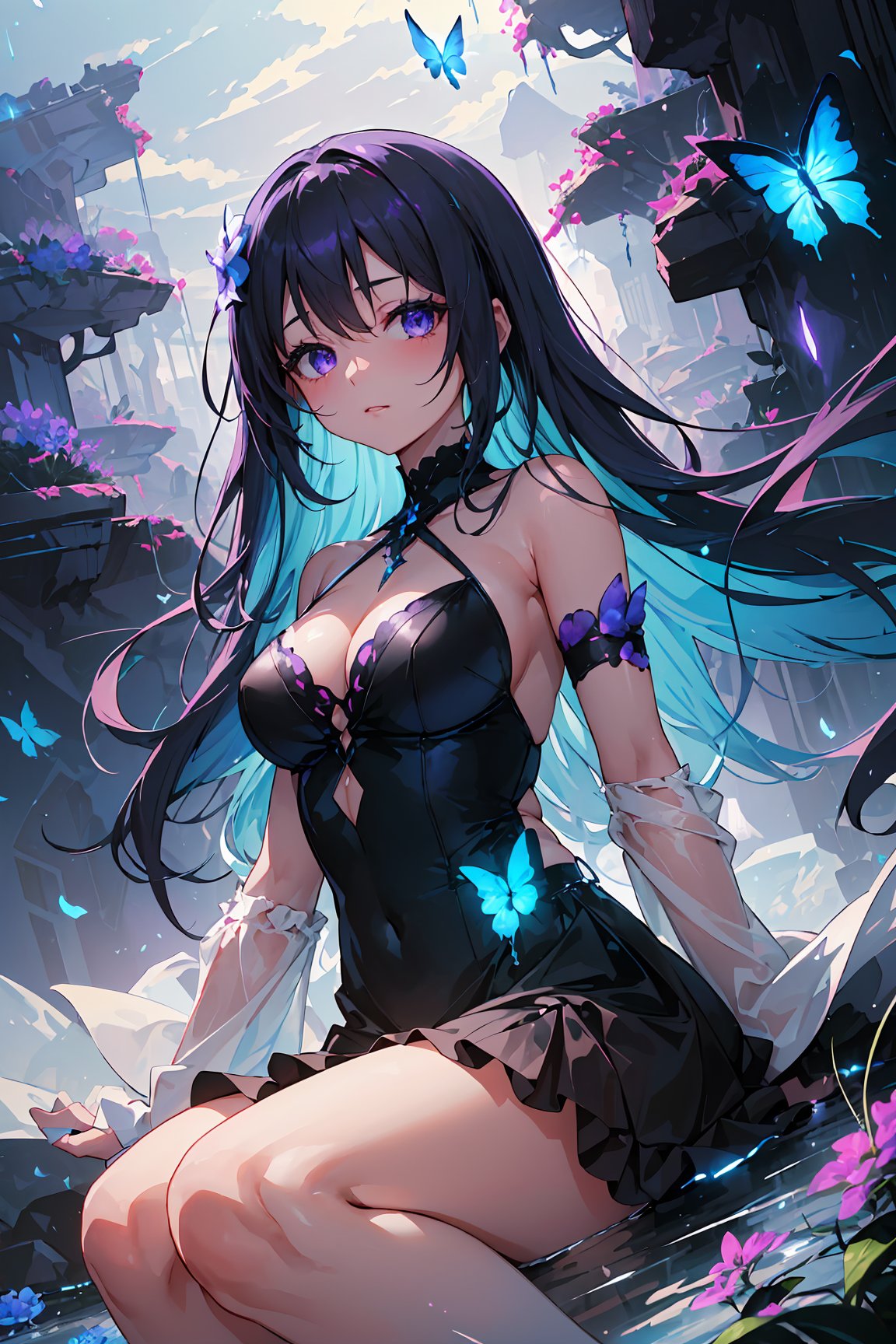 A captivating,  dreamlike anime girl sitting on a fantastical landscape filled with swirling shades of sleek black and iri...