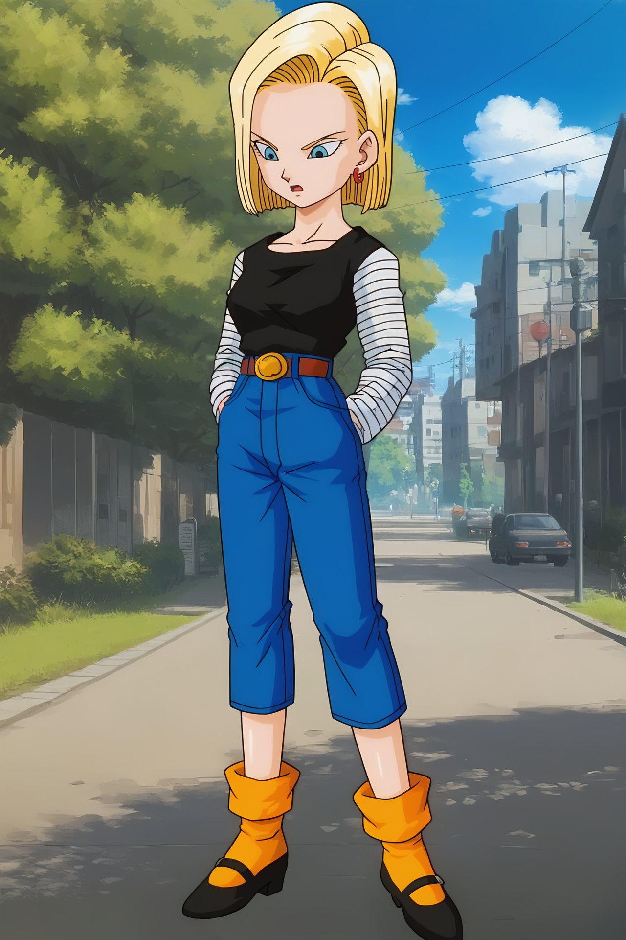 source_anime, score_9, score_8_up, score_7_up, anime screencap, high quality, android 18, buu saga, 1girl, solo, breasts, short hair, open mouth, blue eyes, blonde hair, powerline, mary janes, earrings, outdoors, sky, day, loose socks, belt, high-waist pants, cloud, tree, looking down, denim, arms at sides, black footwear, black shirt, blue bottomwear, collarbone, eyelashes, from below, jeans, long sleeves, looking at another, orange legwear, midair, :o, shirt tucked in, striped sleeves, v-shaped eyebrows, v-shaped eyes, white sleeves <lora:c18_pony:0.8>