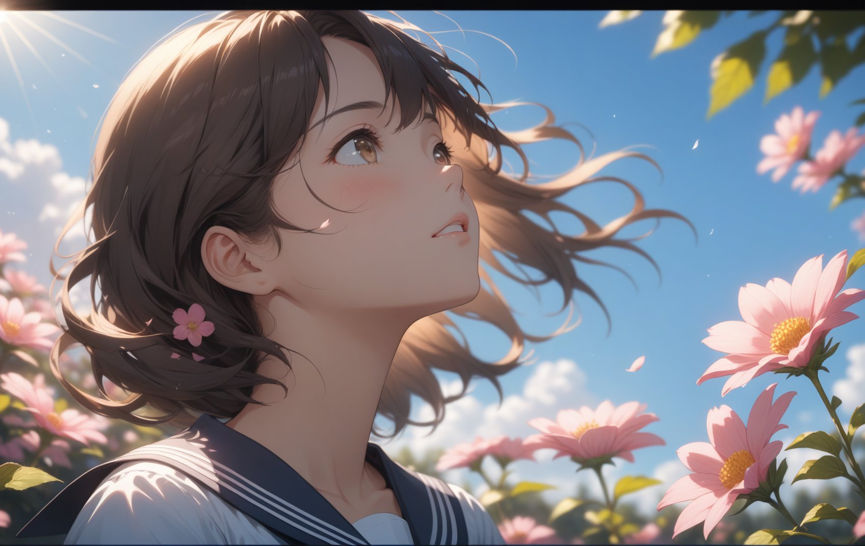 masterpiece, best quality,1girl, solo, flower, long hair, outdoors, letterboxed, school uniform, day, sky, looking up, short sleeves, parted lips, shirt, cloud, black hair, sunlight, white shirt, serafuku, upper body, from side, pink flower, blurry, brown hair, blue sky, depth of field,highres, 4k, 8k, intricate detail, cinematic lighting, amazing quality, wallpaper <lora:aesthetic_anime_v1s:1.2>