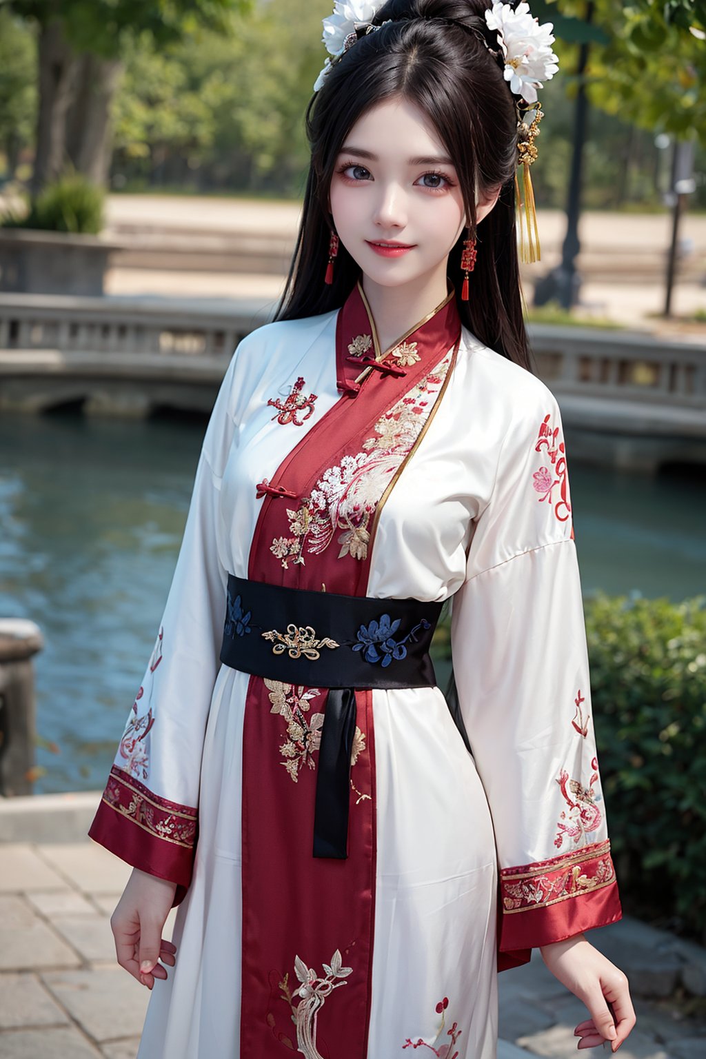 1girl, solo, looking at viewer, big eyes, small breasts, slim body, arms at sides, smile, (Extremely detailed chinese long embroidery silk robe:1.2), earrings, hairpin, necklace, architecture, east asian, riverside, forest,