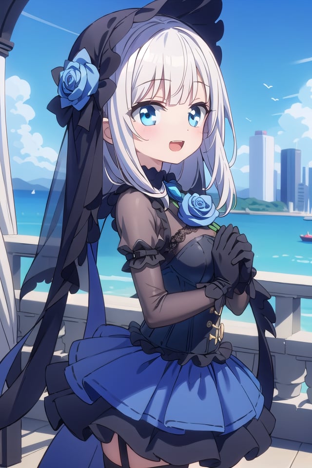 (cleavage:-1), insanely detailed, absurdres, ultra-highres, ultra-detailed, best quality,1girl, solo, nice hands, perfect hands,BREAK(fusion of black mourning-dress and black wedding dress:1.2), (gothloli dress:1.3), (light-blue and black theme:1.3), ((black mourning-veil, black see-through wedding-veil):1.5), ((black latex corset, light-blue breast-cup):1.4), (short puff-sleeve:1.3), ((white collar, tie-bow):1.3), ((ruffle-skirt, multilayer-skirt):1.4), ((stockings, garter belt):1.3), (see-through long gloves:1.3), (blue rose decoration on head:1.3), (high heels:1.1)BREAKhappy smile, laugh, open mouth,standing,own hands together,from side, cowboy shot,BREAKslender, kawaii, perfect symmetrical face, ultra cute girl, ultra cute face, ultra detailed eyes, ultra detailed hair, ultra cute, ultra beautiful,BREAKcityscape in tokyo, ultra detailed background, blue sky, bay side, panorama view,(cleavage:-1), white hair, blue eyes