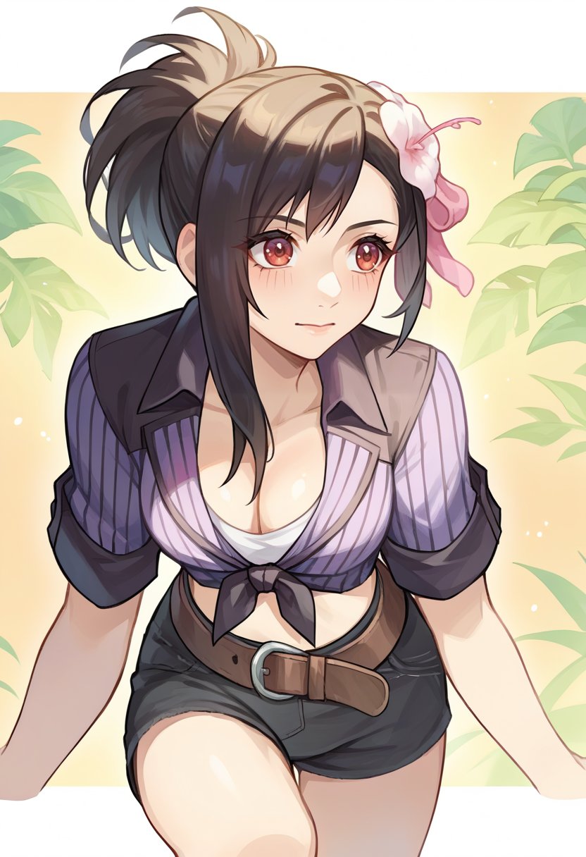 score_9, score_6_up, source_anime, 1girl, solo, tifa_majesticglamour, ponytail, sidelocks, striped shirt, tied shirt, cleavage, black shorts, belt, hair flower, pink flower <lora:tifaXL:1>