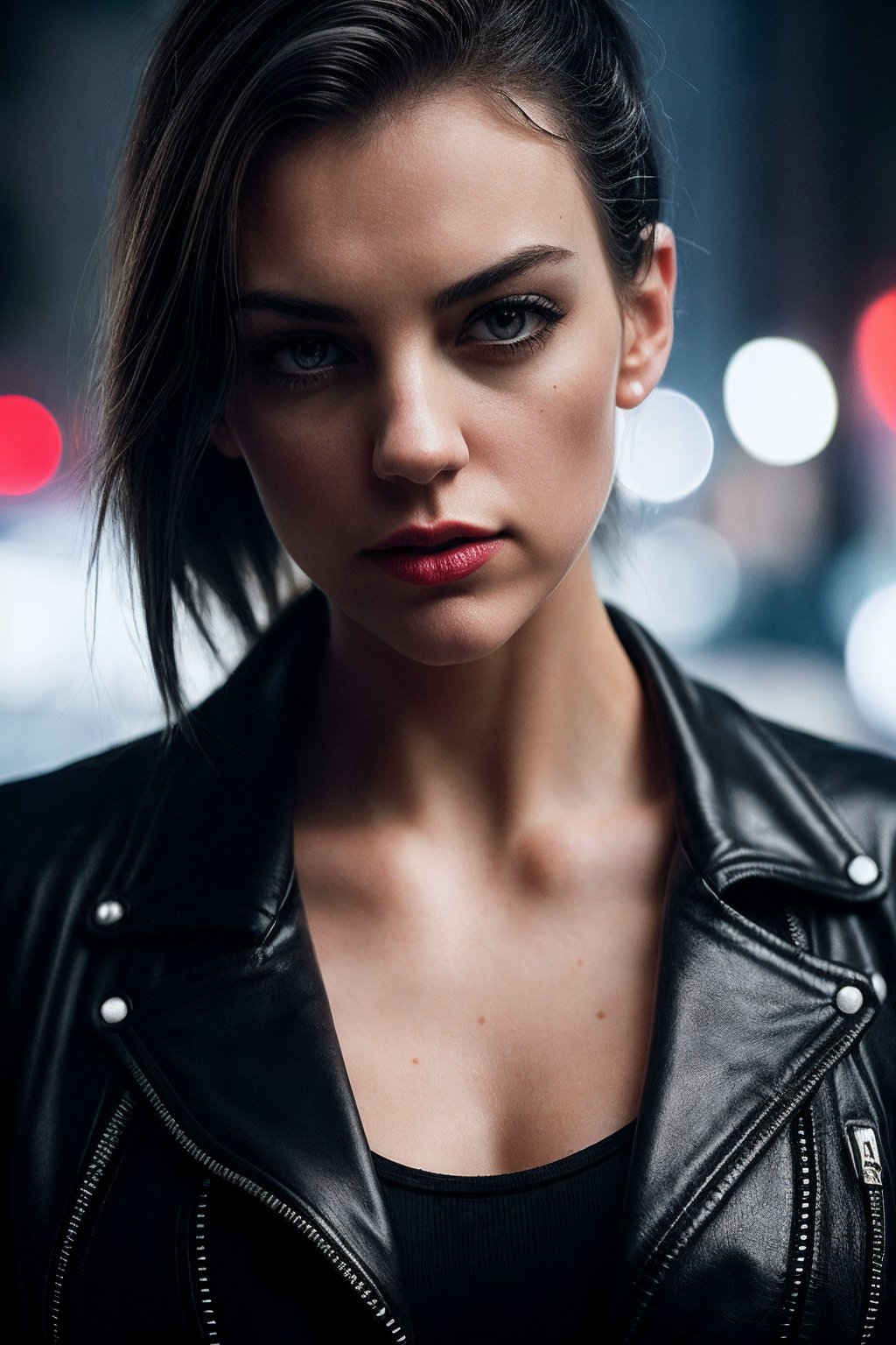 BlakeE_SoloTI_v1,  (In a form-fitting black leather jacket,  paired with high-waisted jeans and combat boots by Solo on Te...