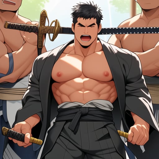 pants, kimono, open mouth, sword, nipples, solo focus, pectorals, black hair, suit, muscular