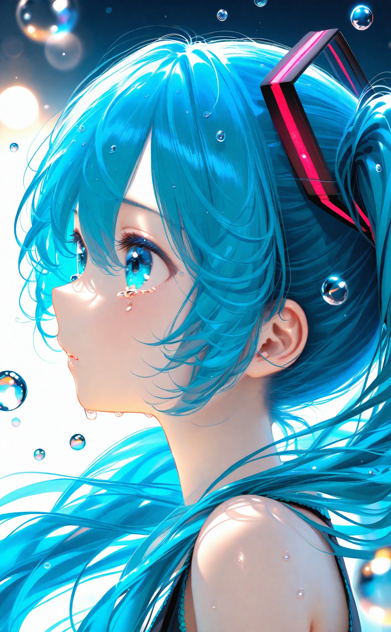 (masterpiece),(best quality),illustration,ultra detailed,hdr,Depth of field,(colorful),nai3 Style,1girl,solo,hatsune miku,long hair,twintails,tears,from side,profile,crying,bare shoulders,aqua eyes,bubble,portrait,blue hair,hair ornament,crying with eyes open,blurry,blue eyes,aqua hair,hair between eyes,water drop,closed mouth,sleeveless,upper body,