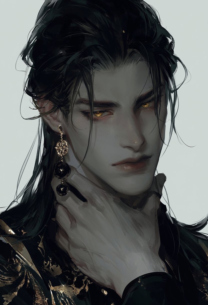 1boy,  sharp golden eyes,  black hair tied loosely by MissFidonyo on Tensor.Art