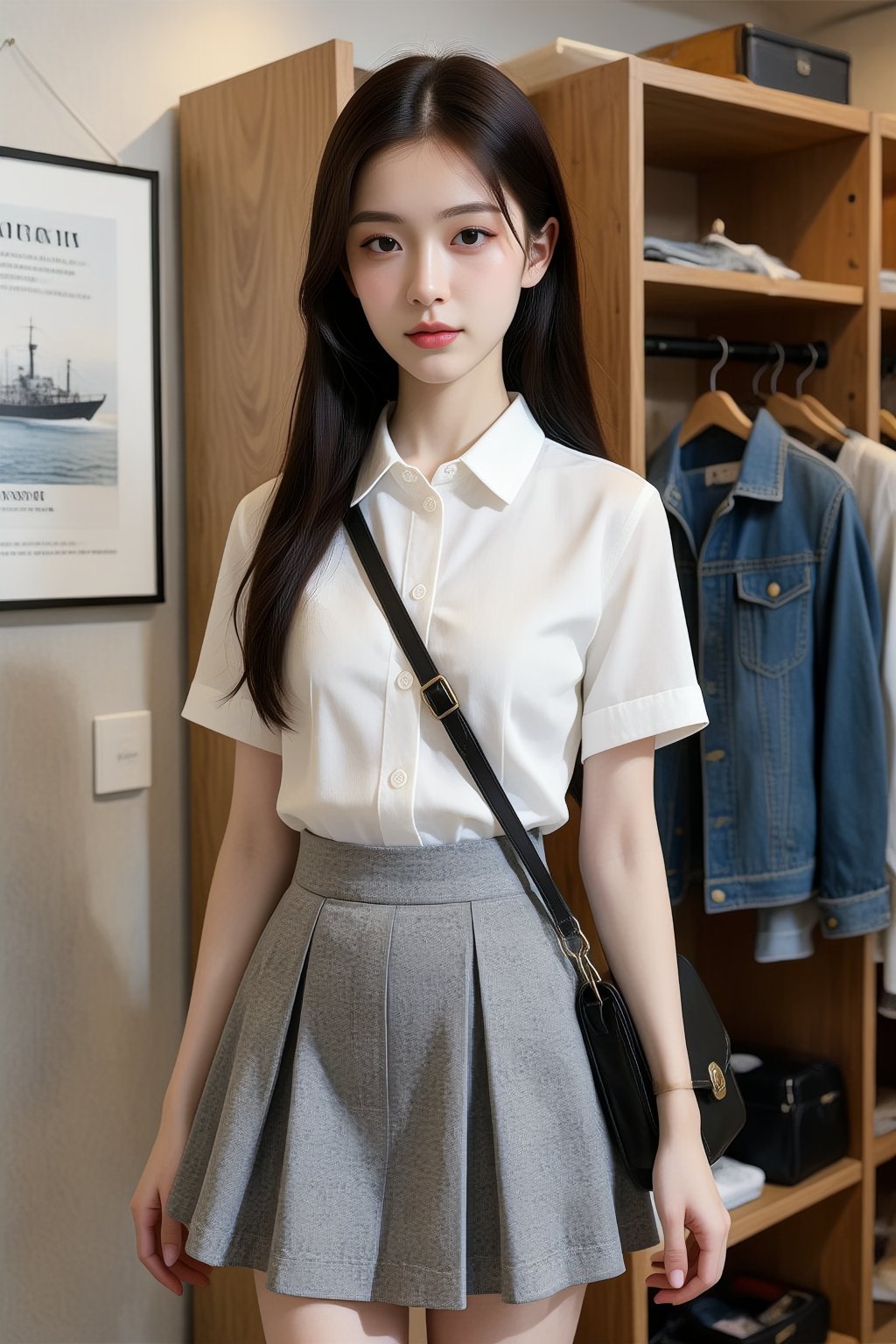 The image is a high-resolution photograph of an East Asian woman standing indoors,  likely in a store or boutique. She has...