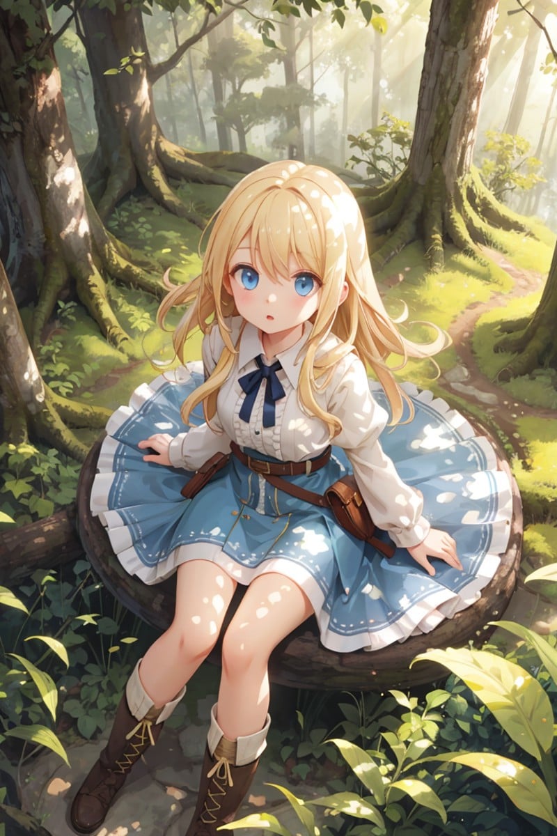 1girl, solo,forest, blue eyes,wide shot magnificent view,from above,looking up,ground,blonde hair,(dappled sunlight)+,blurry,depth of field, boots,leaf