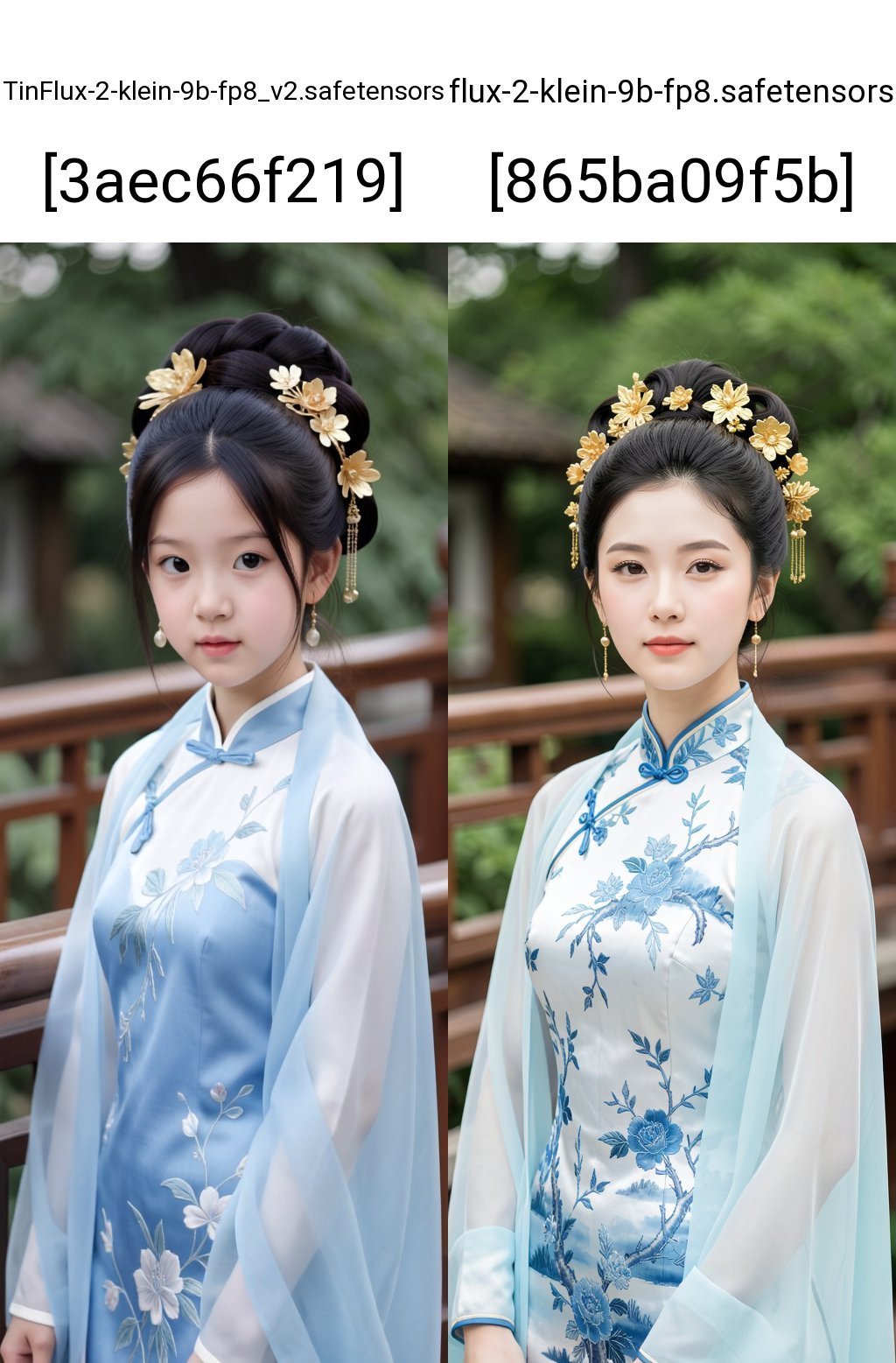 Photograph of a young Asian woman with fair skin and dark hair styled in an intricate updo adorned with golden floral hair...