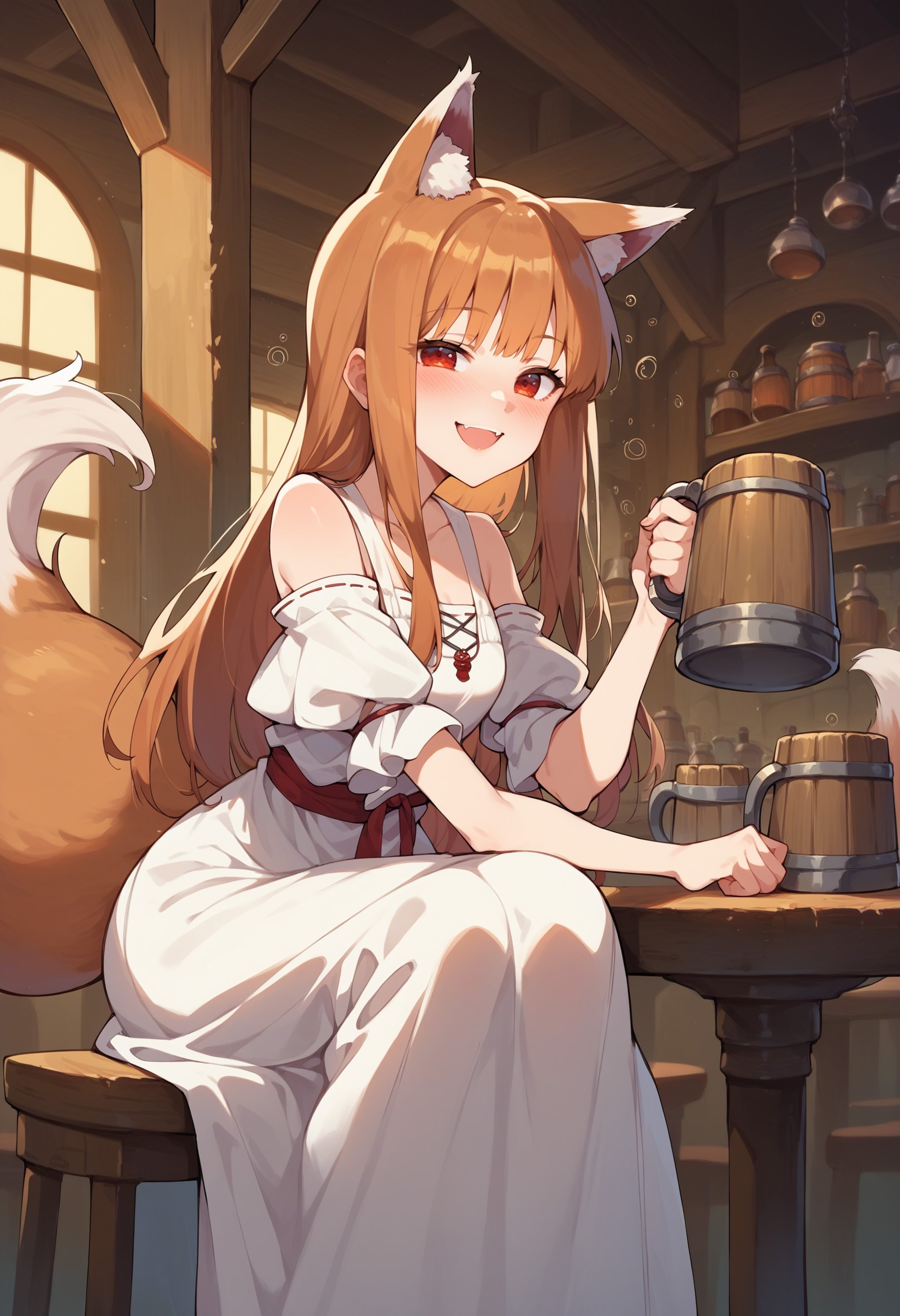 score_9, score_8_up, score_7_up, score_6_up, source anime,1girl, holo, spice and wolf, fox girl, fox ears, fox tail, white dress, wide smile, tavern, sitting at table, holding a tankard, drunk  , masterpeice, best quality, very aesthetic, absurdres