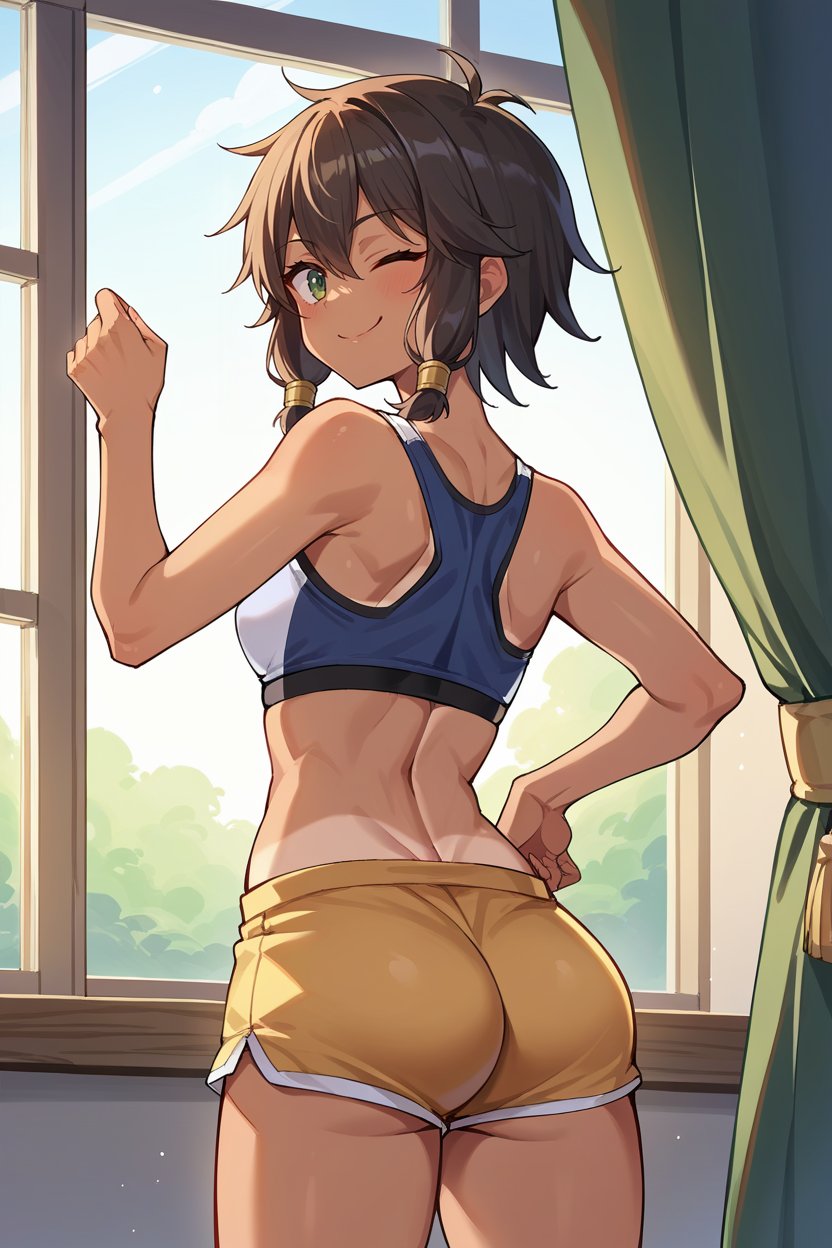 score_9, score_8_up, score_7_up, score_6_up, source_anime, BREAK 1girl <lora:tiona-pdxl-nvwls-v1-000006:1> tiona hiryute, tan, sports bra, short shorts, ass, from behind, stretching, window, butt, looking back, wink